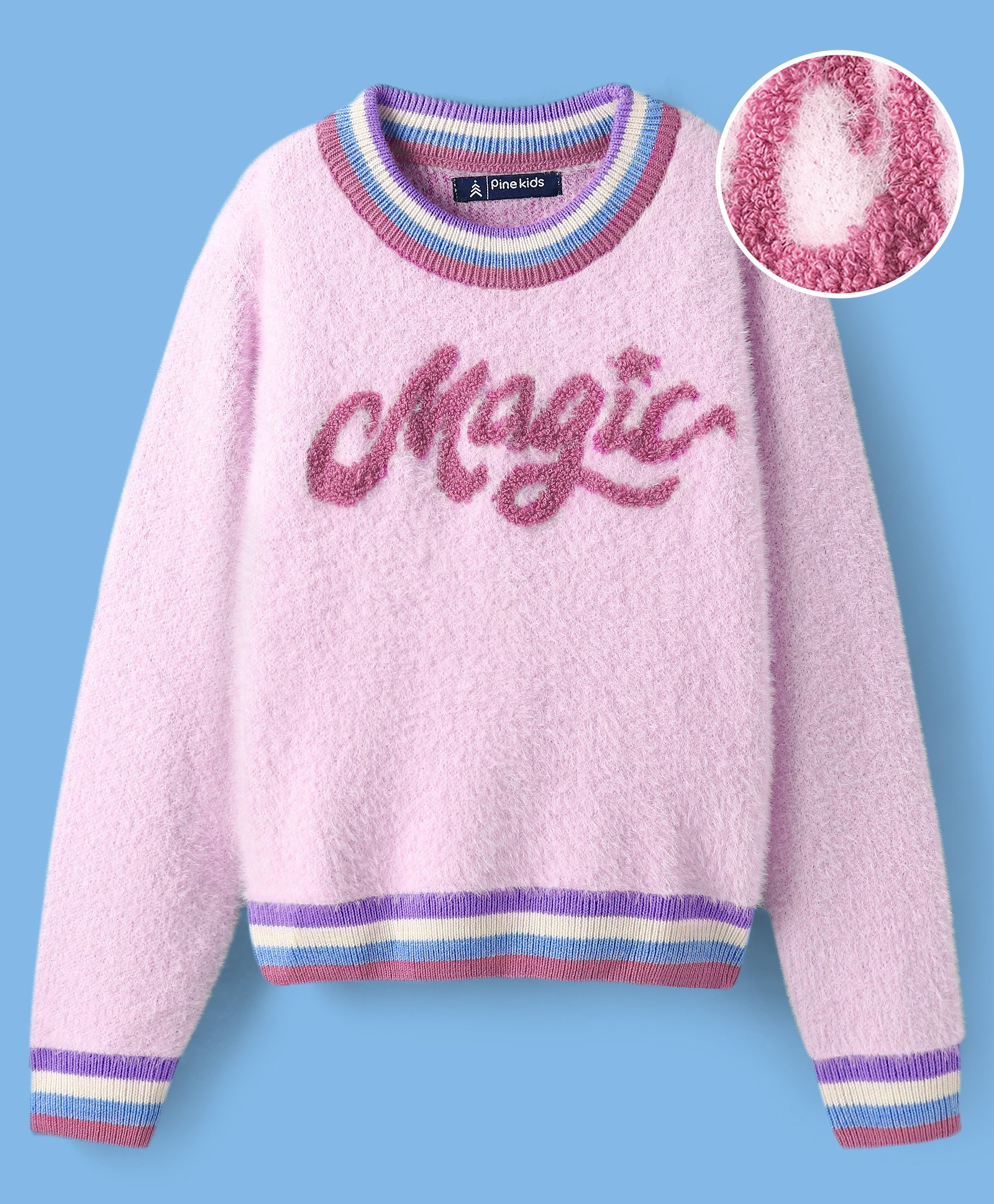 Pine Kids Knit Full Sleeves Striped Pullover Sweater with Text Embroidery - Pink-image-34