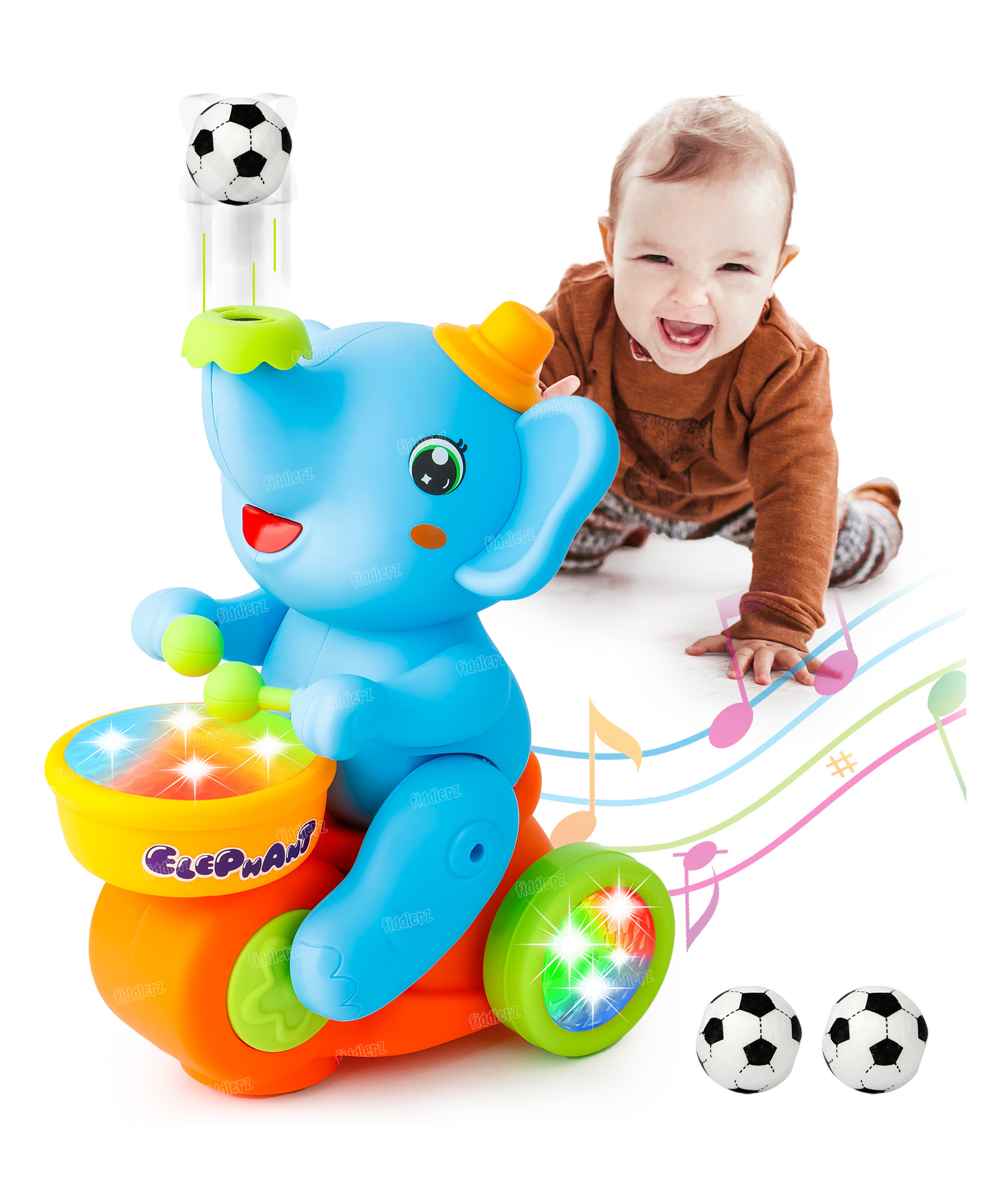 Fiddlerz Elephant Musician Toy Walking Drum Playing with 2 Ball Electric Toys for Kids - Blue-picture-18