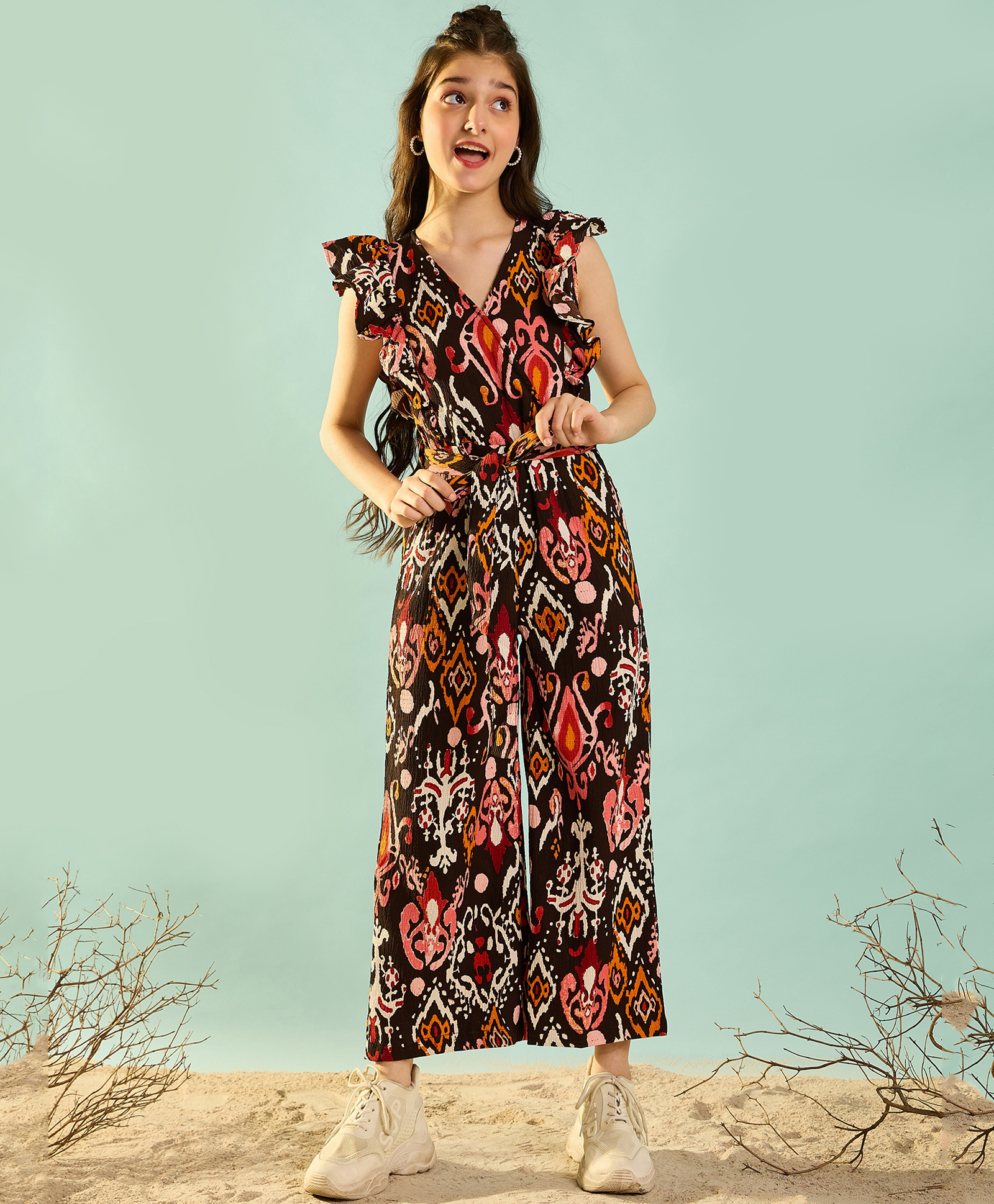 Cherry & Jerry Sleeveless Abstract Printed Ruffled Waist Tie Up Jumpsuit - Black-picture-22