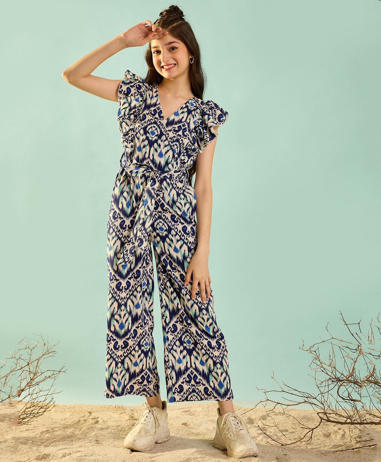 Cherry & Jerry Frill Sleeves Abstract Printed Waist Tie Up Jumpsuit - Blue-picture-18