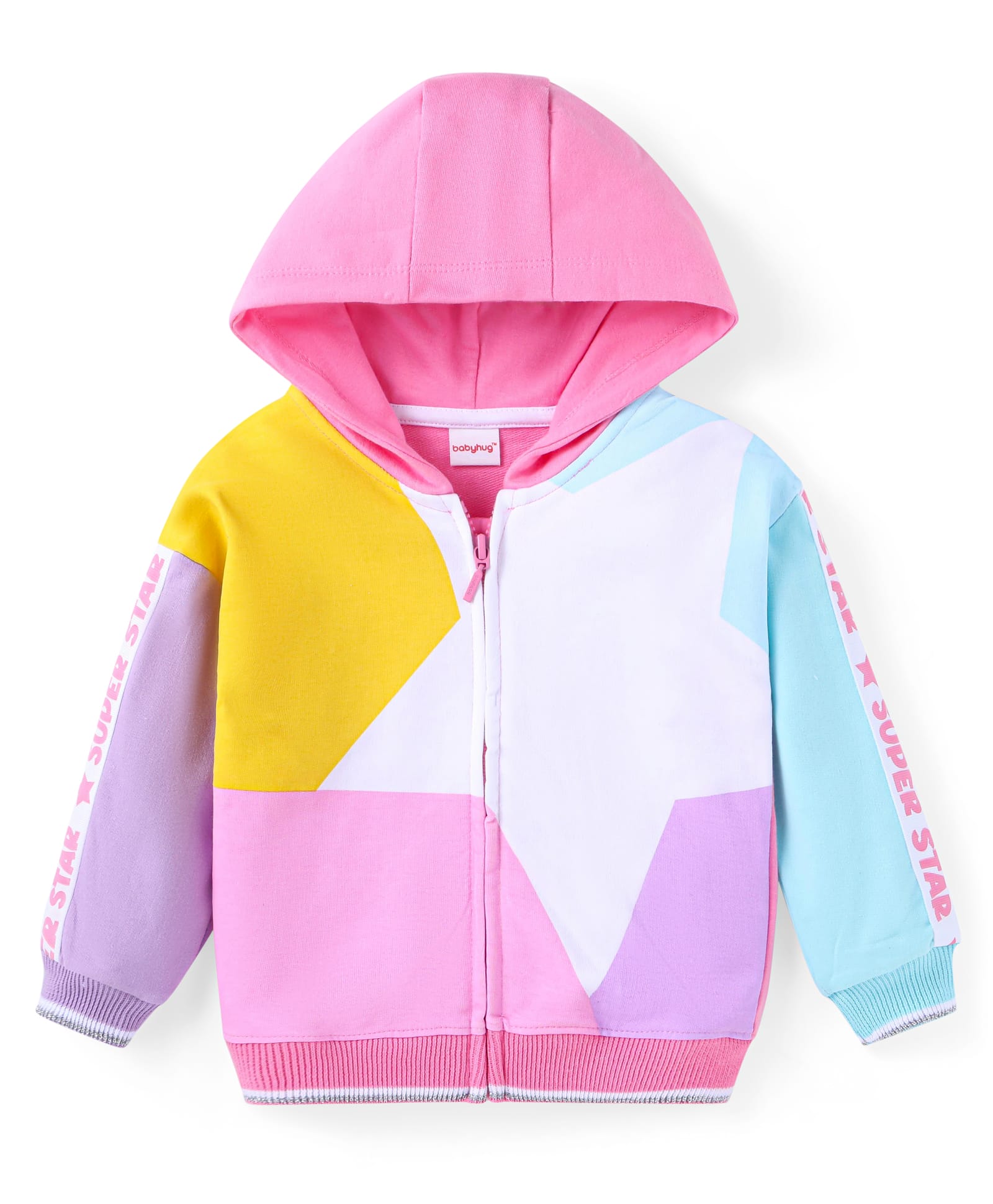 Babyhug Cotton Knit Full Sleeves Hooded Sweatjacket with Color Block Design - Blue Pink & Yellow-image-35