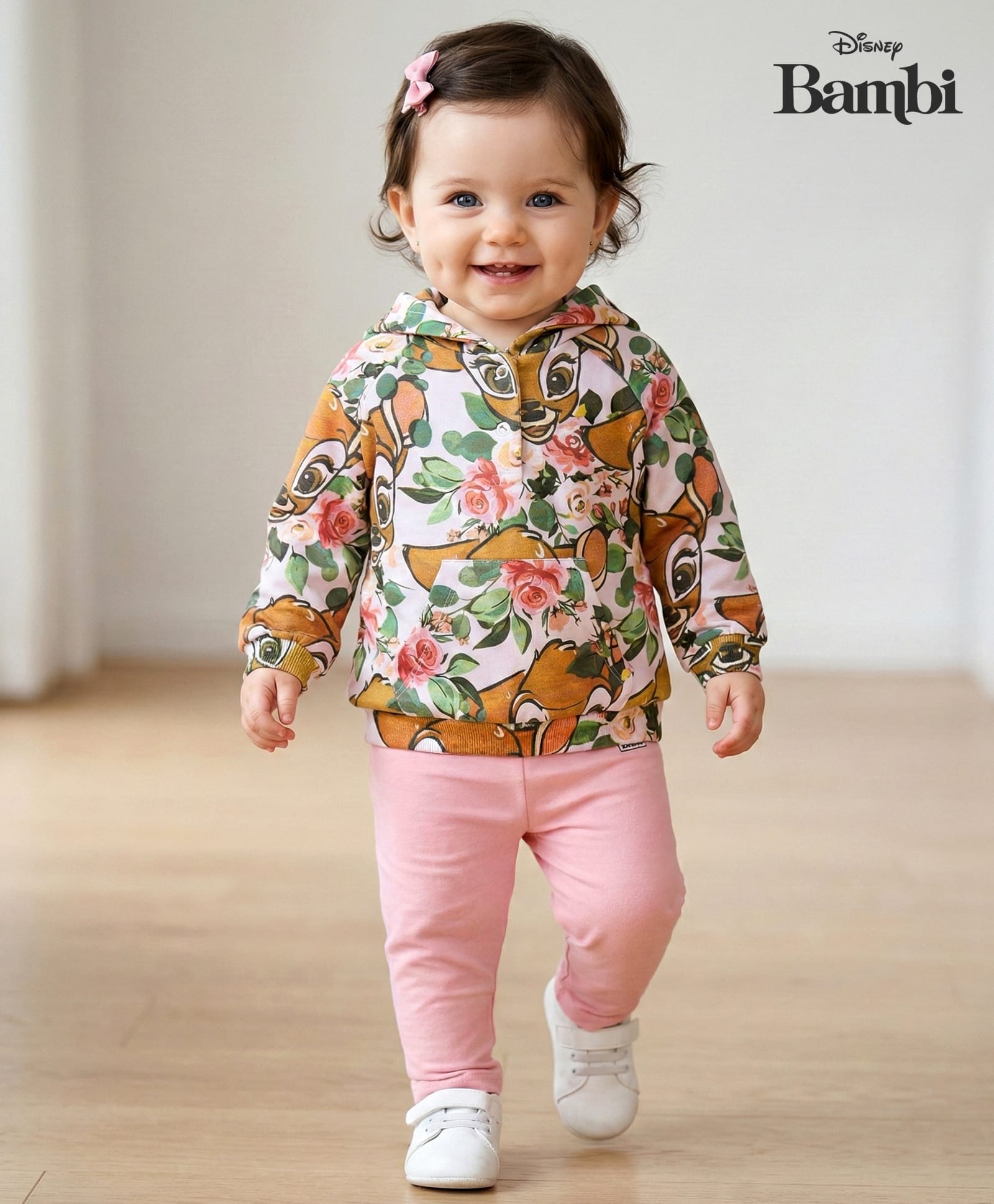 Babyoye Disney Full Sleeves Hooded Sweatshirt and Leggings Set with Bambi Graphics and Badge Detailing-Multicolor-image-23