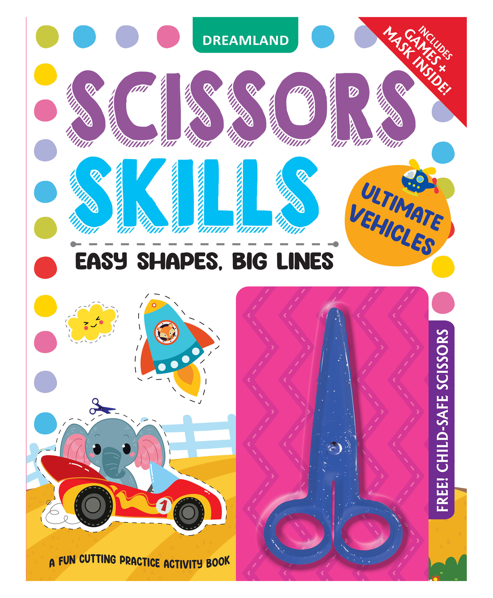Ultimate Vehicles Scissors Skills Activity Book for Kids Age 4 - 7 years | With Child- Safe Scissors, Games and Mask by Dreamland Publications-image-20