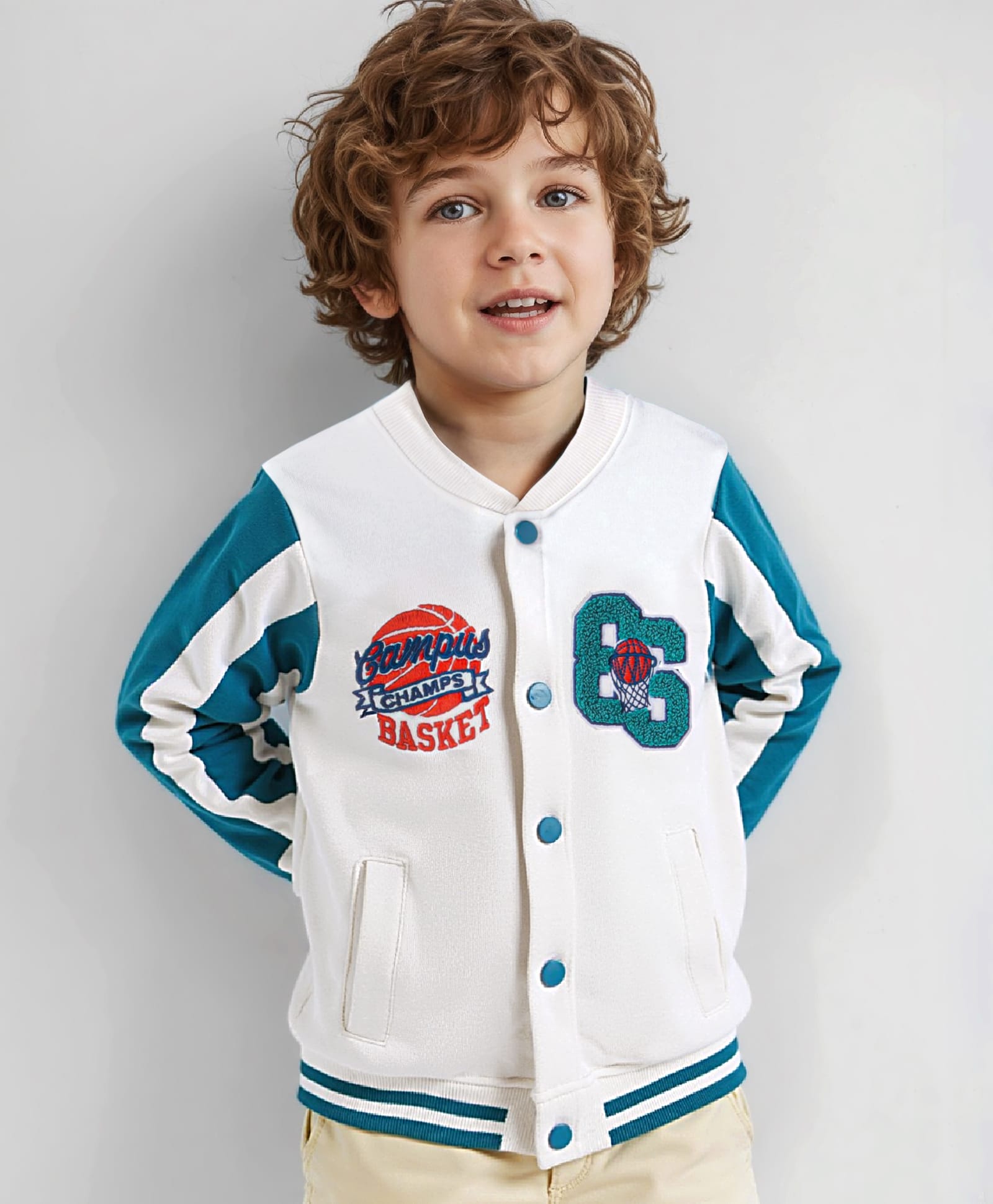 Babyhug Cotton Knit Full SleevesBomber Jacket with Text Embroidery - White & Teal Blue-picture-24