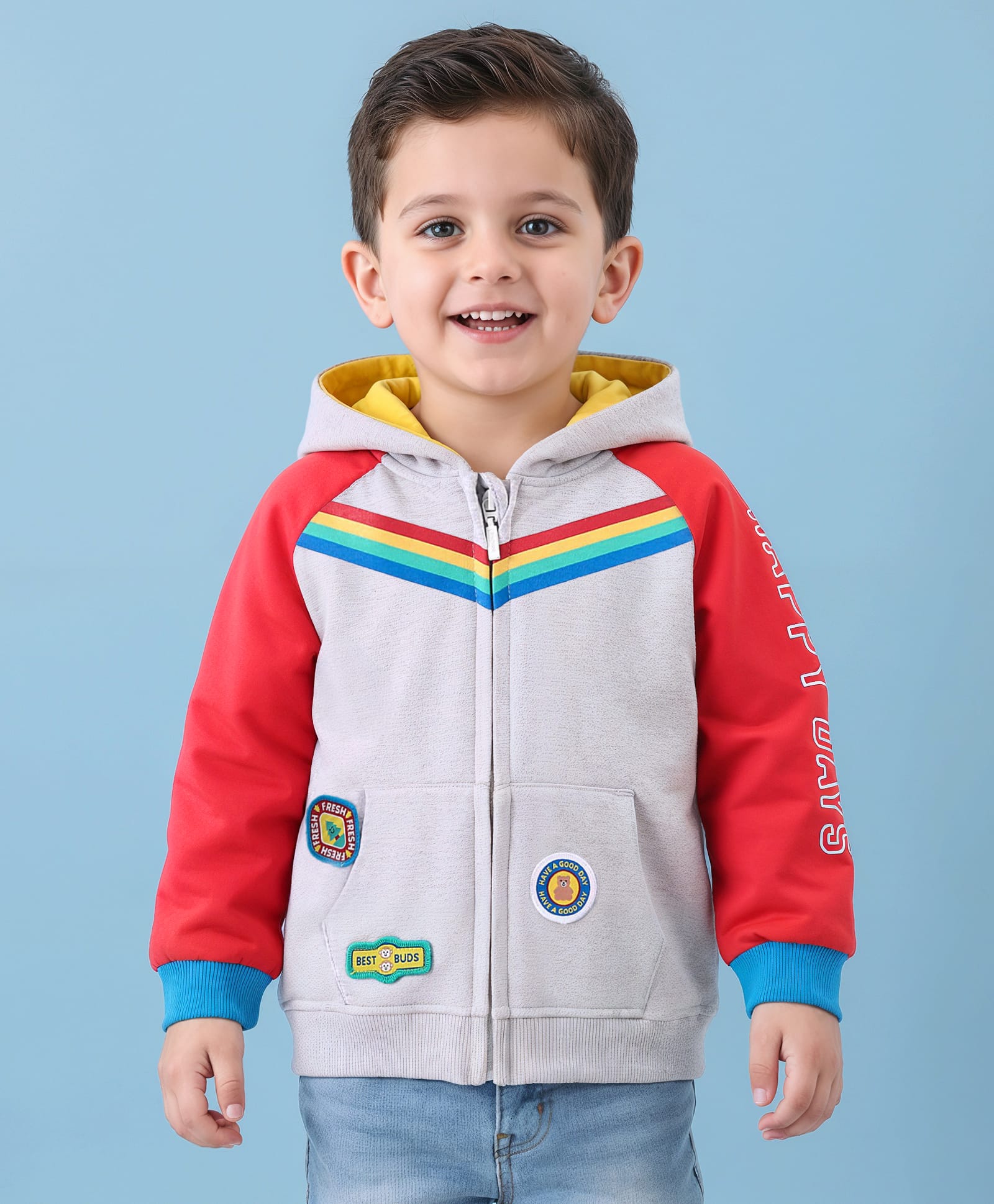 Babyhug Cotton Knit Full Raglan Sleeves Hooded Sweatjacket With Patch Appliques & Kangaroo Pockets - Grey-picture-36