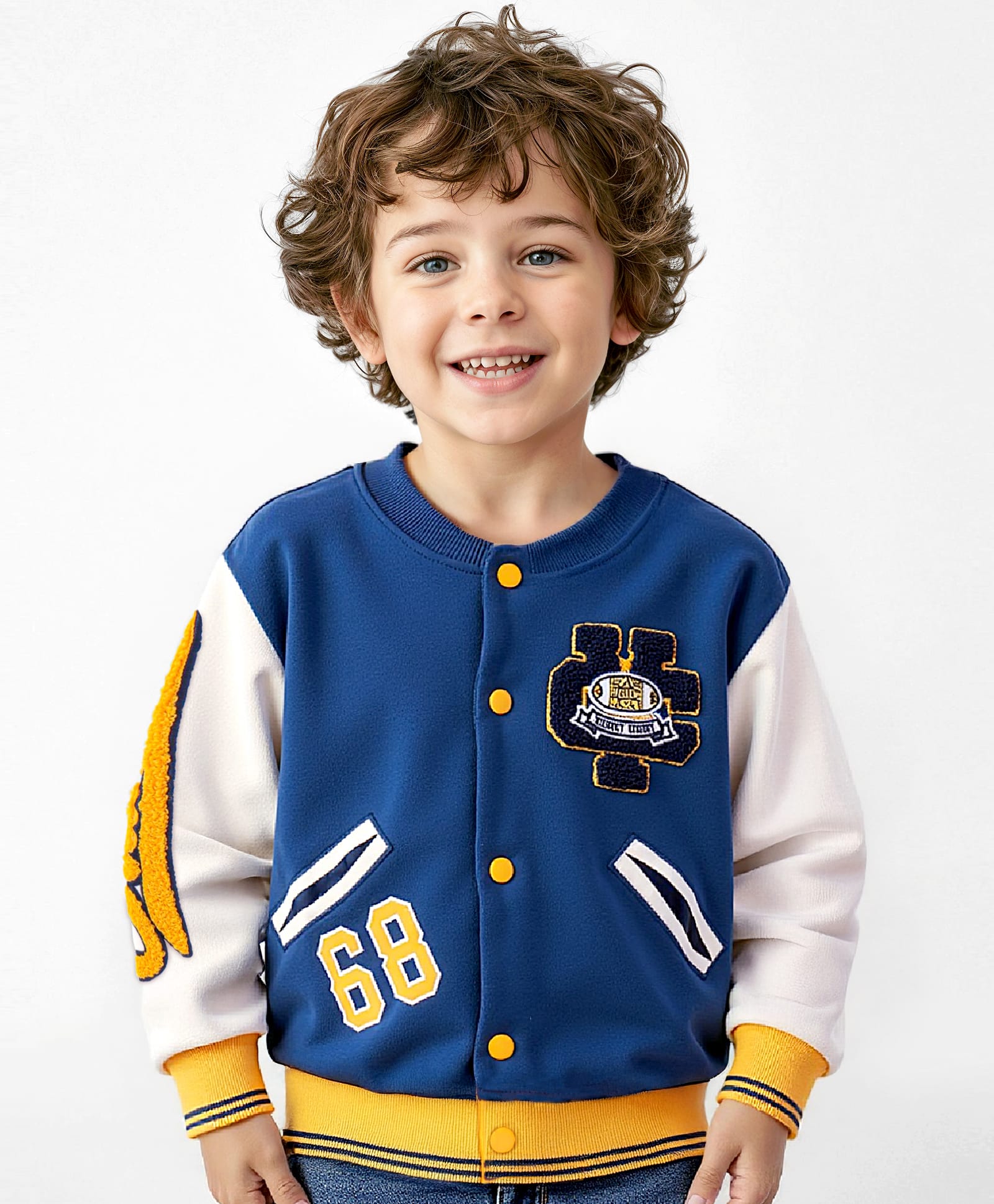 Babyhug Cotton Knit Full Sleeves Front Open Bomber Jacket with Patch Detailing - Blue-image-20