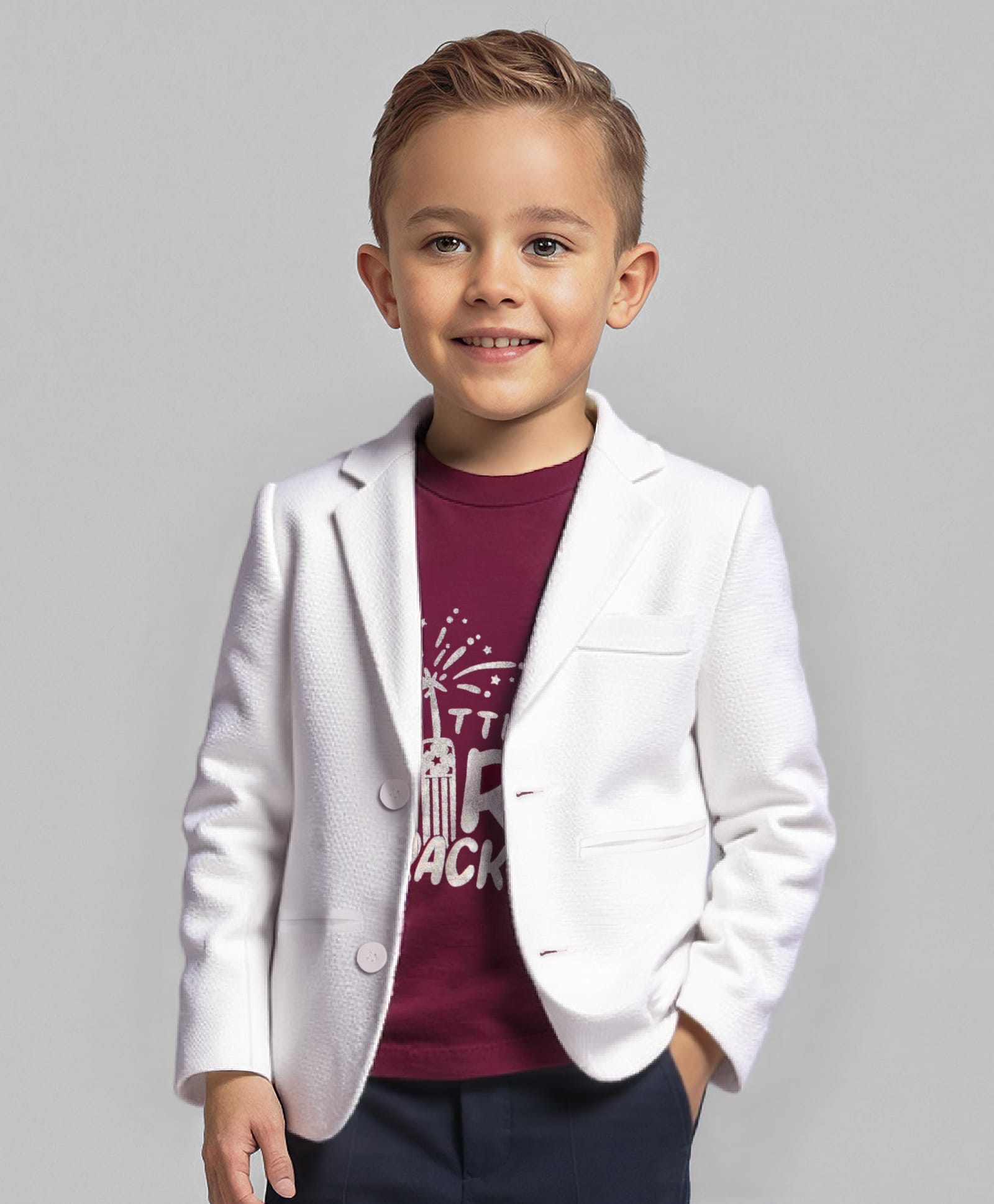 Babyhug Woven Full Sleeves Solid Colour Blazer with Printed T-Shirt - White & Maroon-image-19