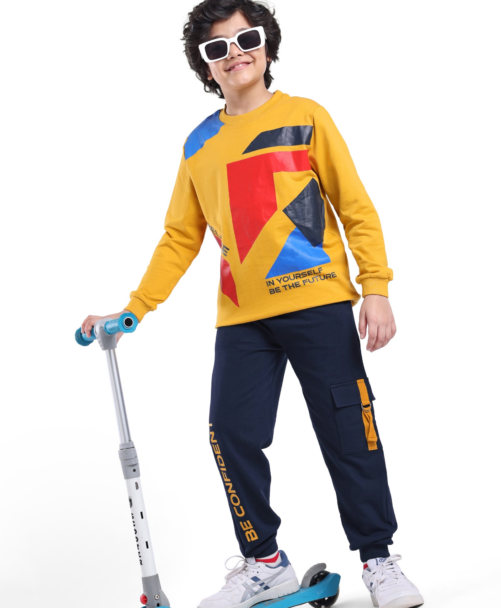 Ollington St. 100% Cotton Knit Full Sleeves Sweatshirt & Joggers Winter Wear Suit With Text Print - Yellow & Navy-picture-16