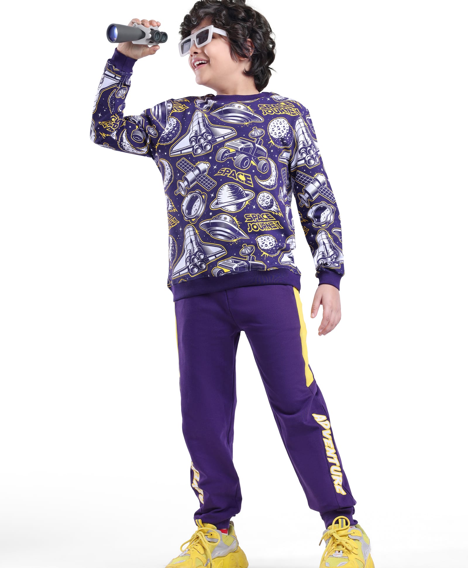 Ollington St. 100% Cotton Knit Full Sleeves Sweatshirt & Joggers Winter Wear Set With Space Theme Print - Purple-image-9