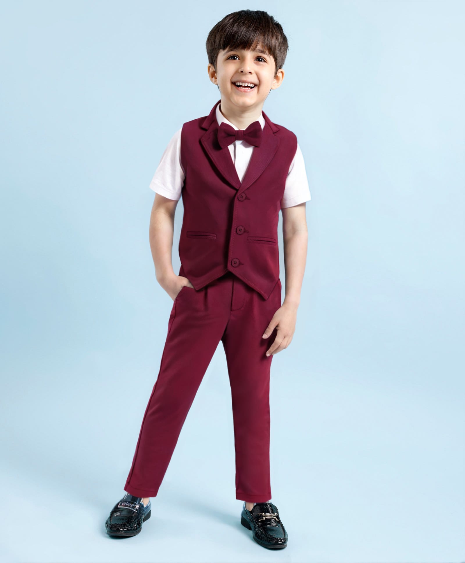 Babyhug Woven Full Sleeves Solid Colour 3 Piece Party Suit with Bow - Maroon & White-image-45