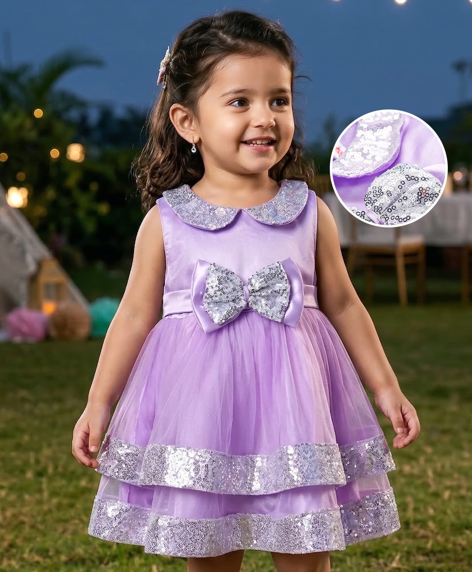 Babyhug Sleeveless Fit & Flared Tiered Sequinned Embellished Peter Pan Collared & Bow Applique Mesh Party Frock - Lavender-image-34