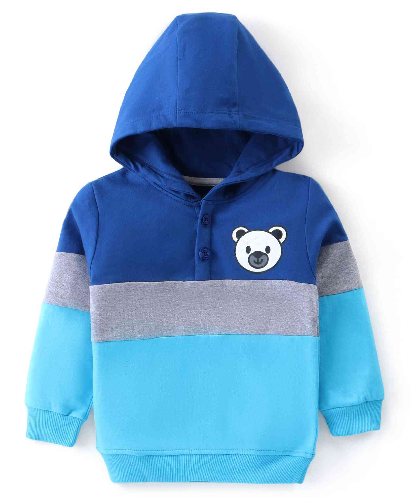 Babyhug Cotton Knit Full Sleeves Hooded Sweatshirt with Colour Block Design & Bear Print - Blue-image-41
