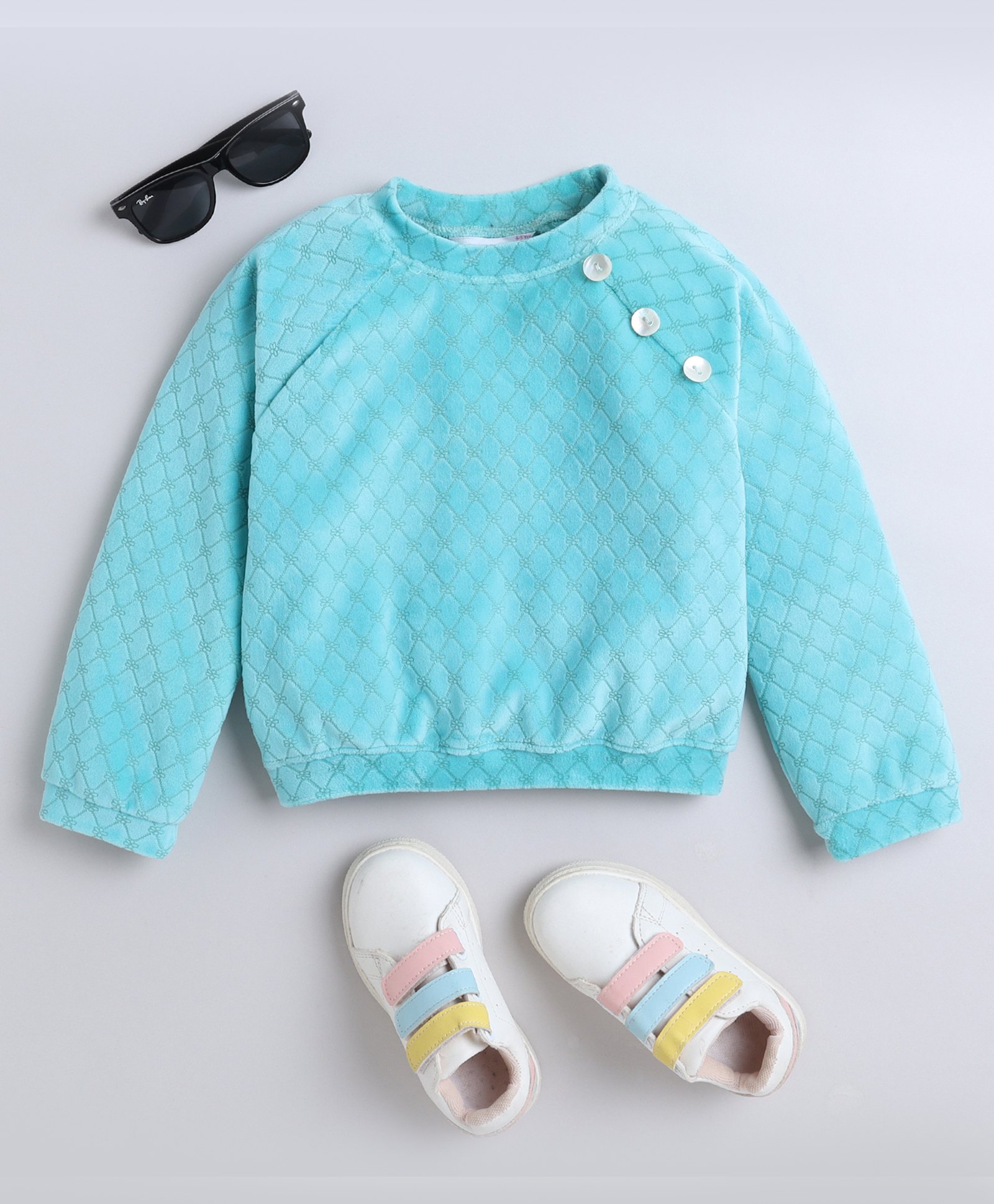 Taffykids Velvet Embossed Full Raglan Sleeves Block Floral Designed Sweatshirt - Blue-picture-22