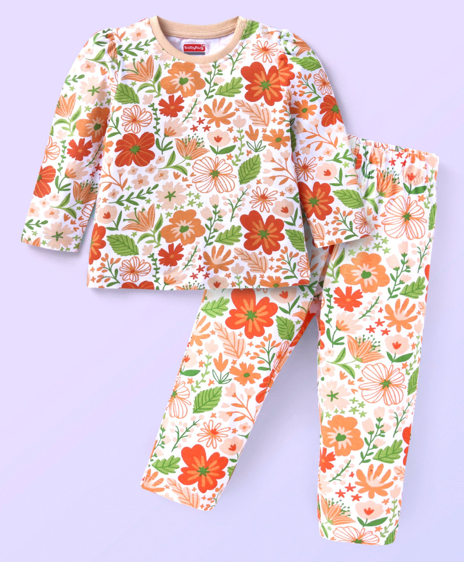 Babyhug Cotton Knit Full Sleeves Night Suit Floral Print -Peach-image-39