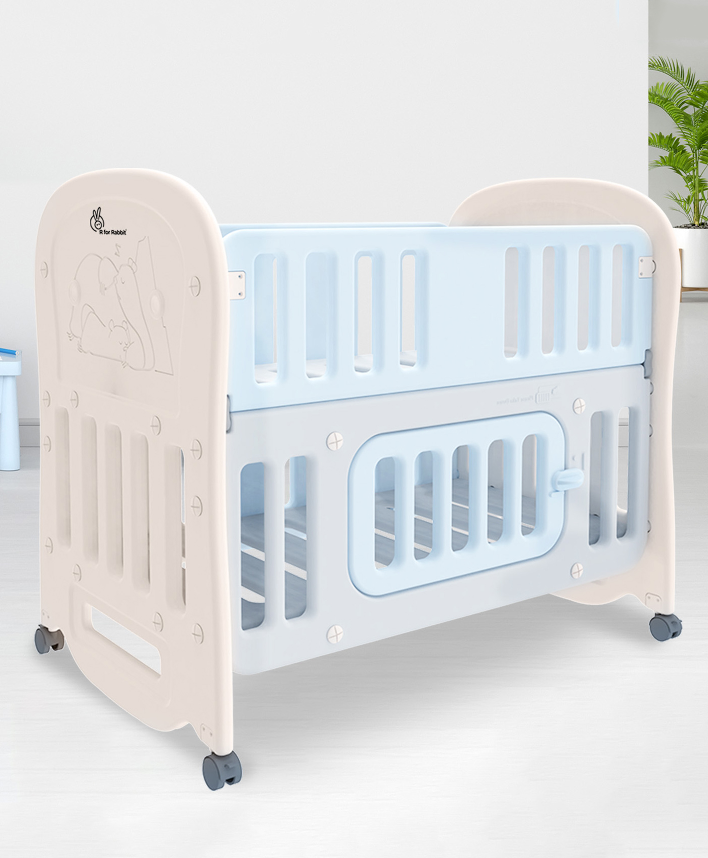 R for Rabbit Dream N Play Plus 3-in-1 Cot Cum Bedside Bassinet & Rocking Cot Storage Space 360° Wheels with Brakes - Grey & Blue-image-41