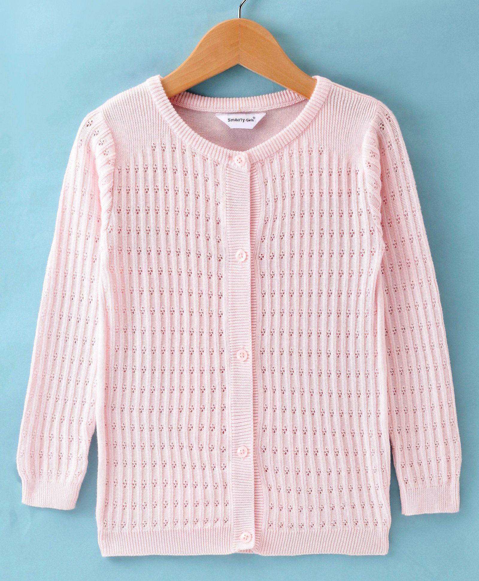 Smarty Girls Cotton Flat Knit Full Sleeves Front Open Sweater With Cable Knit Design - Pink-image-37