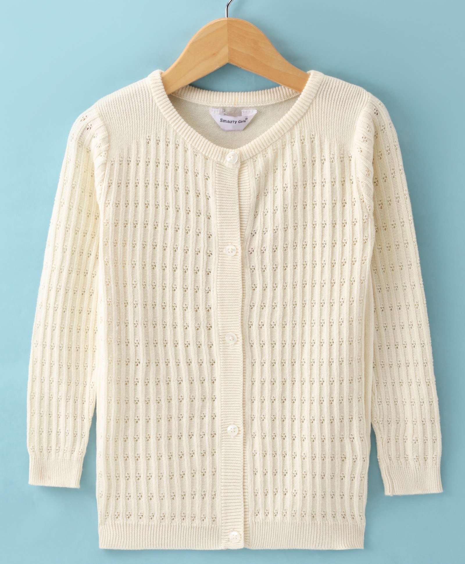 Smarty Girls Cotton Flat Knit Full Sleeves Front Open Sweater With Cable Knit Design - Cream-image-19