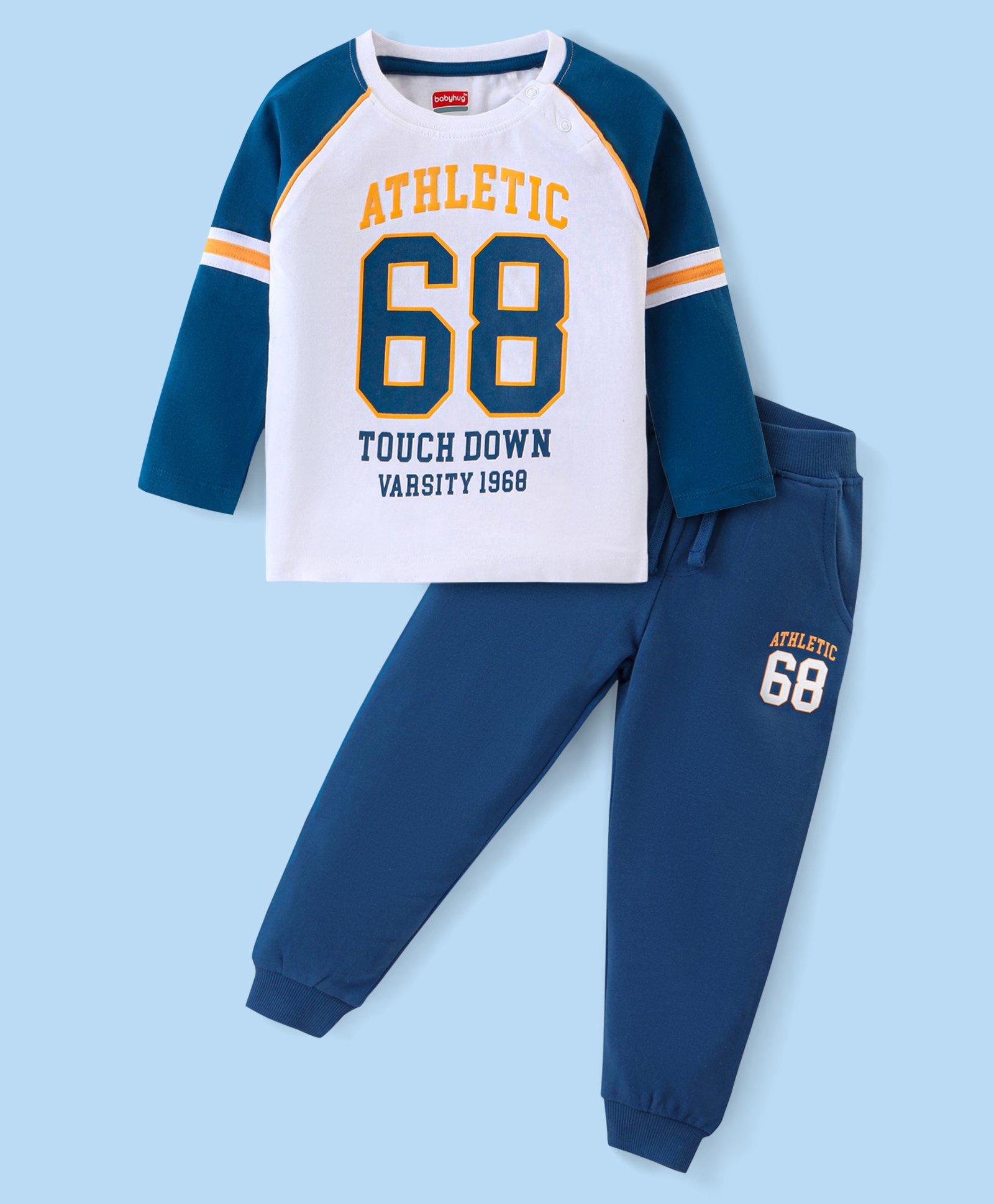Babyhug Cotton Knit Raglan Sleeves T-Shirt & Lounge Pants Set With Varsity Theme Print - Multicolor-image-43