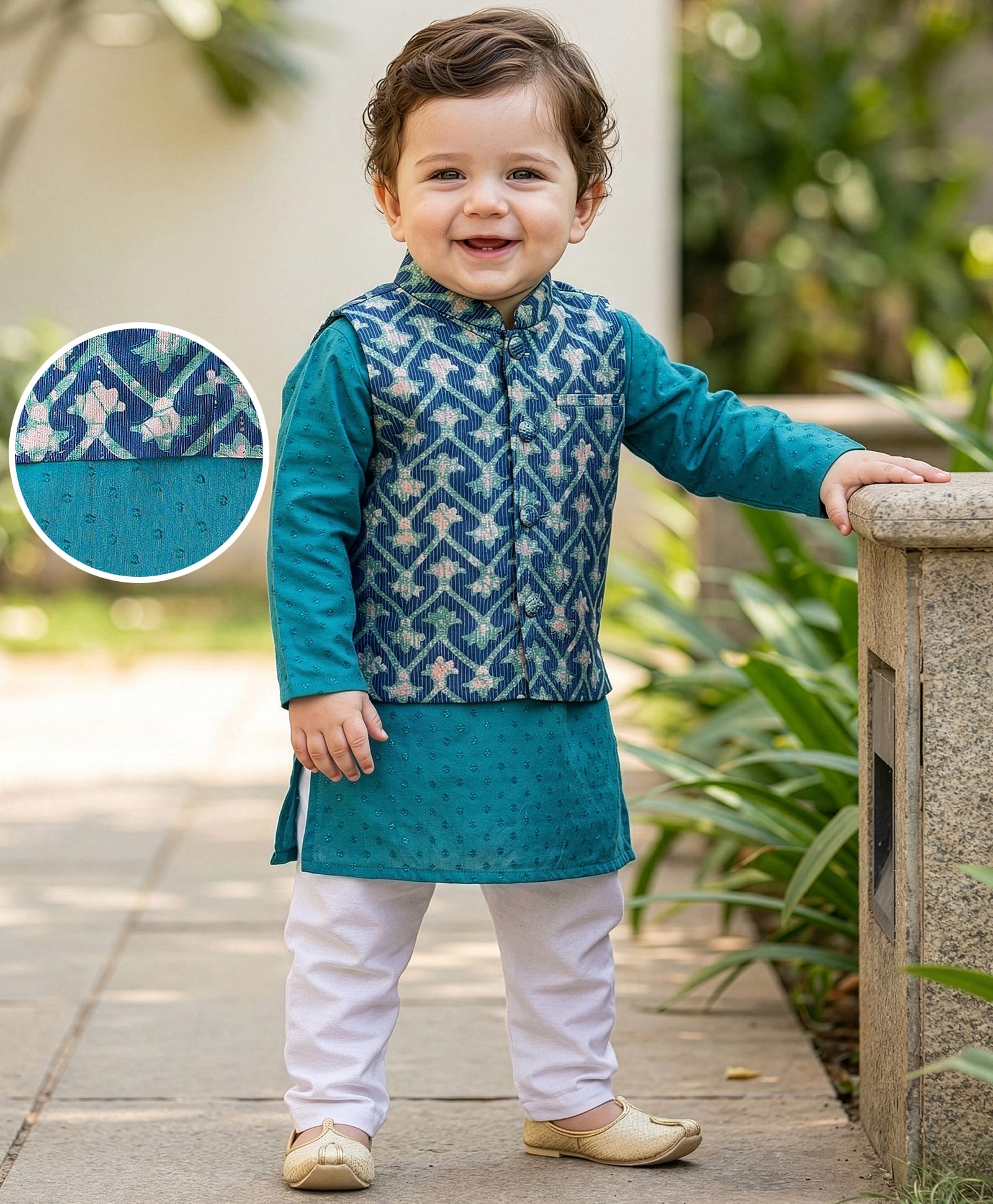 Babyoye Cotton Woven Full Sleeves Embroidered Kurta Pyjama Set With Floral Printed Jacket - Teal Blue-image-45