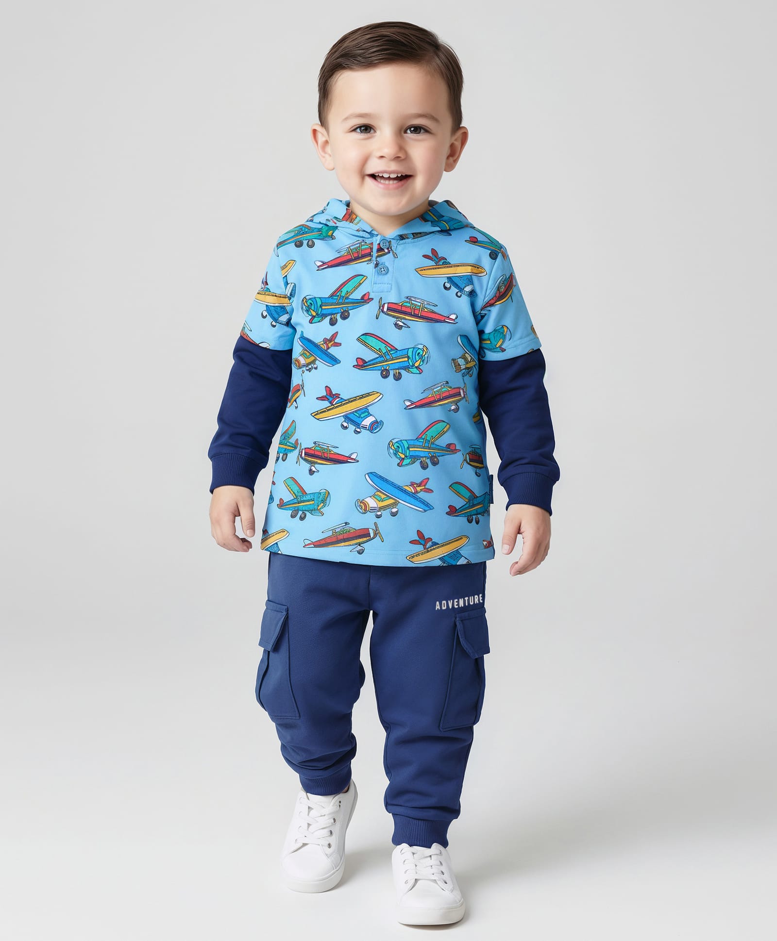 Babyhug Cotton Knit Doctor Sleeves Hooded T-Shirt & Lounge Pants Set With Airplanes Print - Light Blue-picture-18