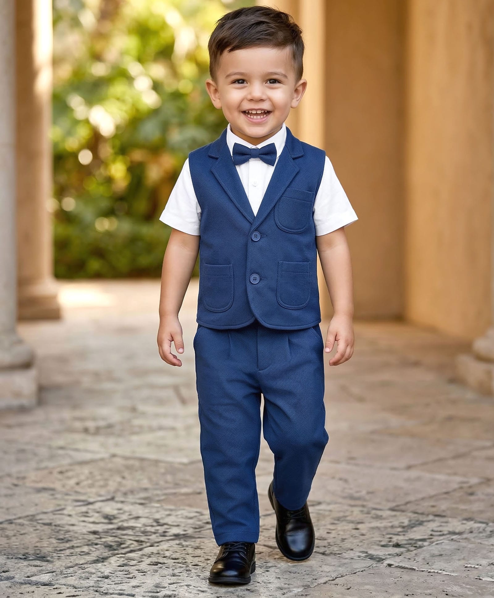 Babyhug Woven Full Sleeves Solid Colour 3 Piece Party Suit with Bow - Blue & White-image-22