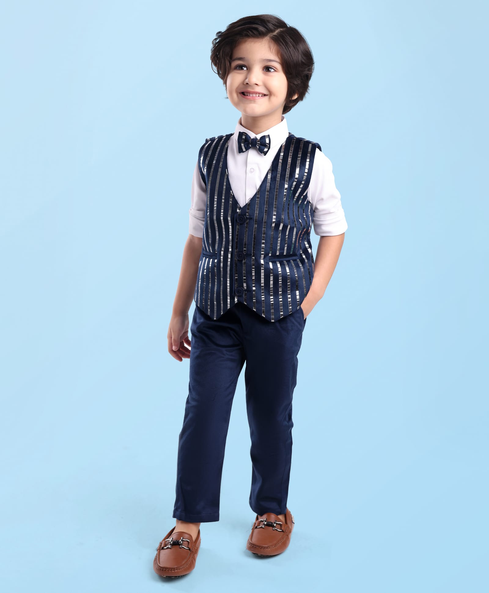 Babyhug Woven Full Sleeves Striped Foil Printed 3 Piece Party Suit - Navy Blue-image-29