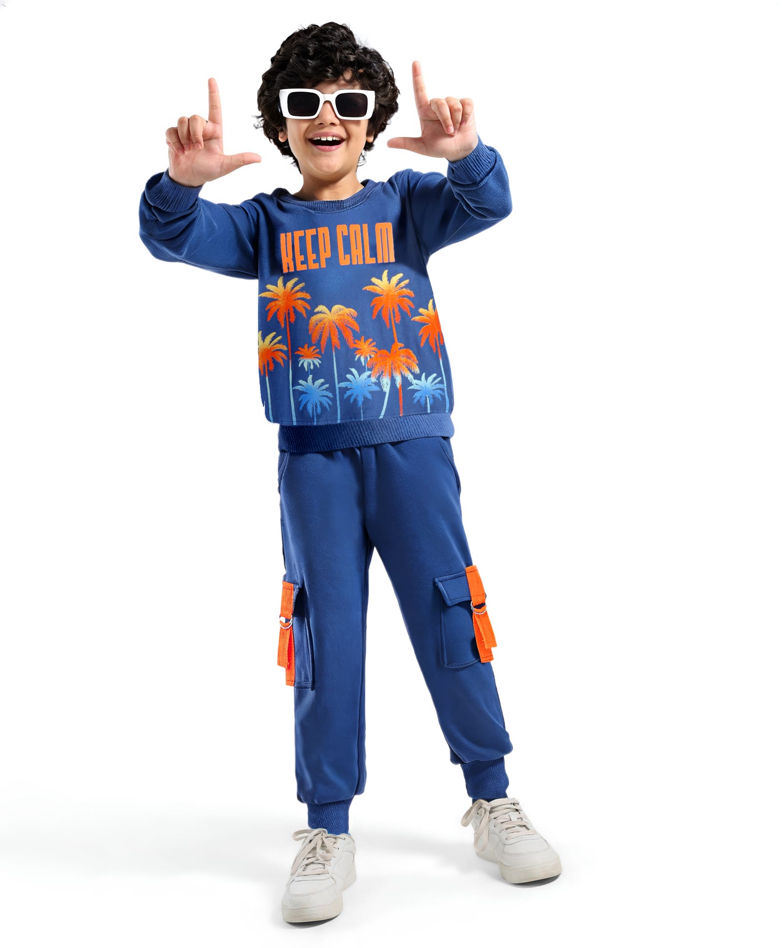 Ollington St. 100% Cotton Knit Full Sleeves Sweatshirt & Cargo Pockets Joggers Winter Wear Suit With Text Print - Navy-image-36
