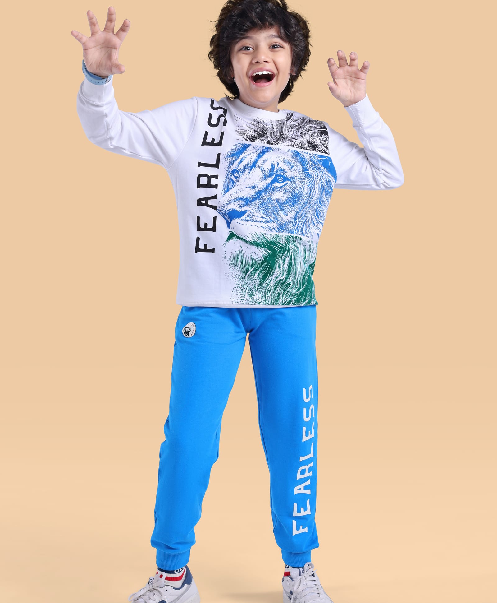 Ollington St. Cotton Knit Full Sleeves Sweatshirt & Joggers Winter Wear Suit With Lion Print - White & Blue-image-40