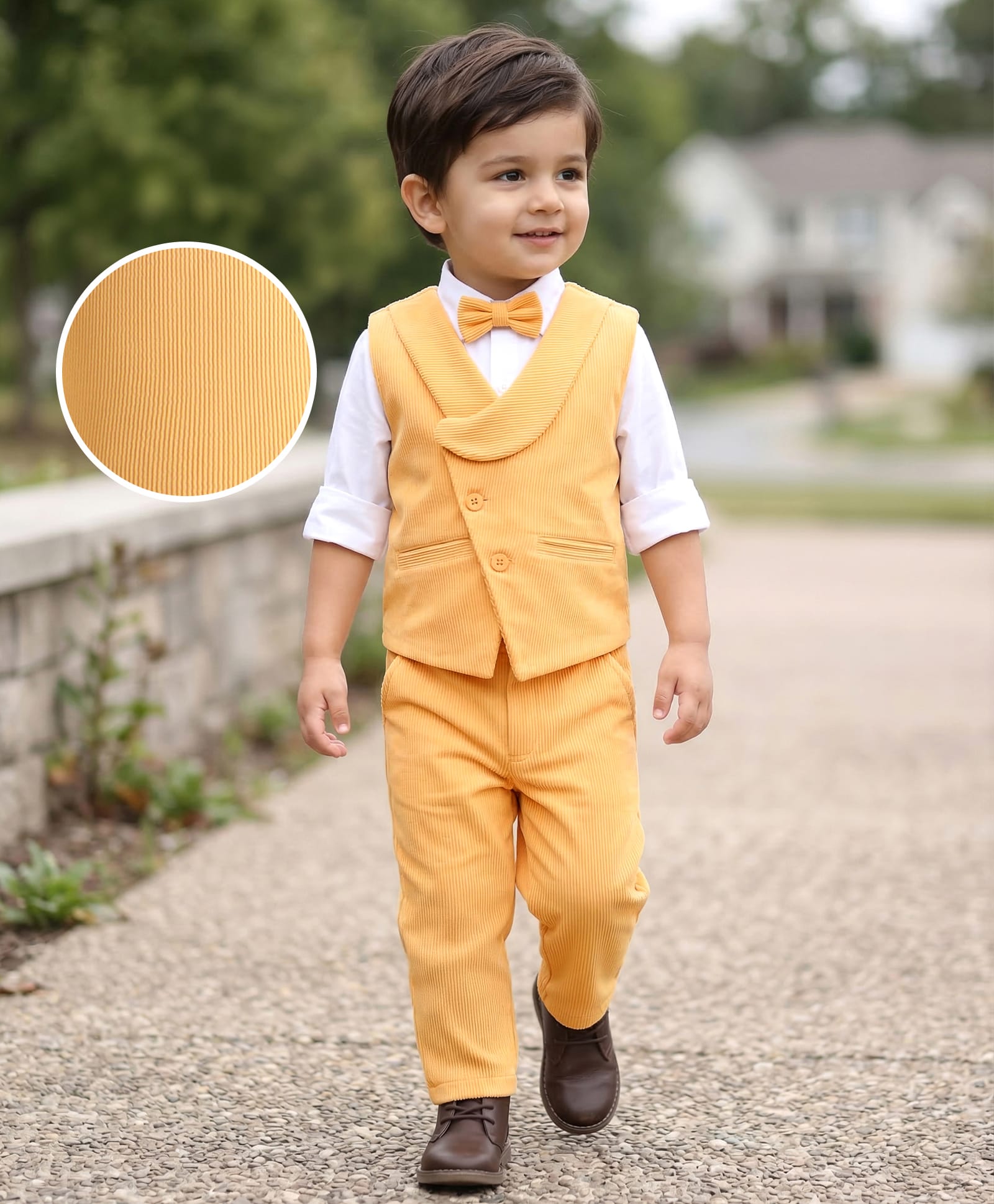Babyhug Woven Full Sleeves Solid Colour3 Piece Party Suit with Bow - Yellow-picture-19