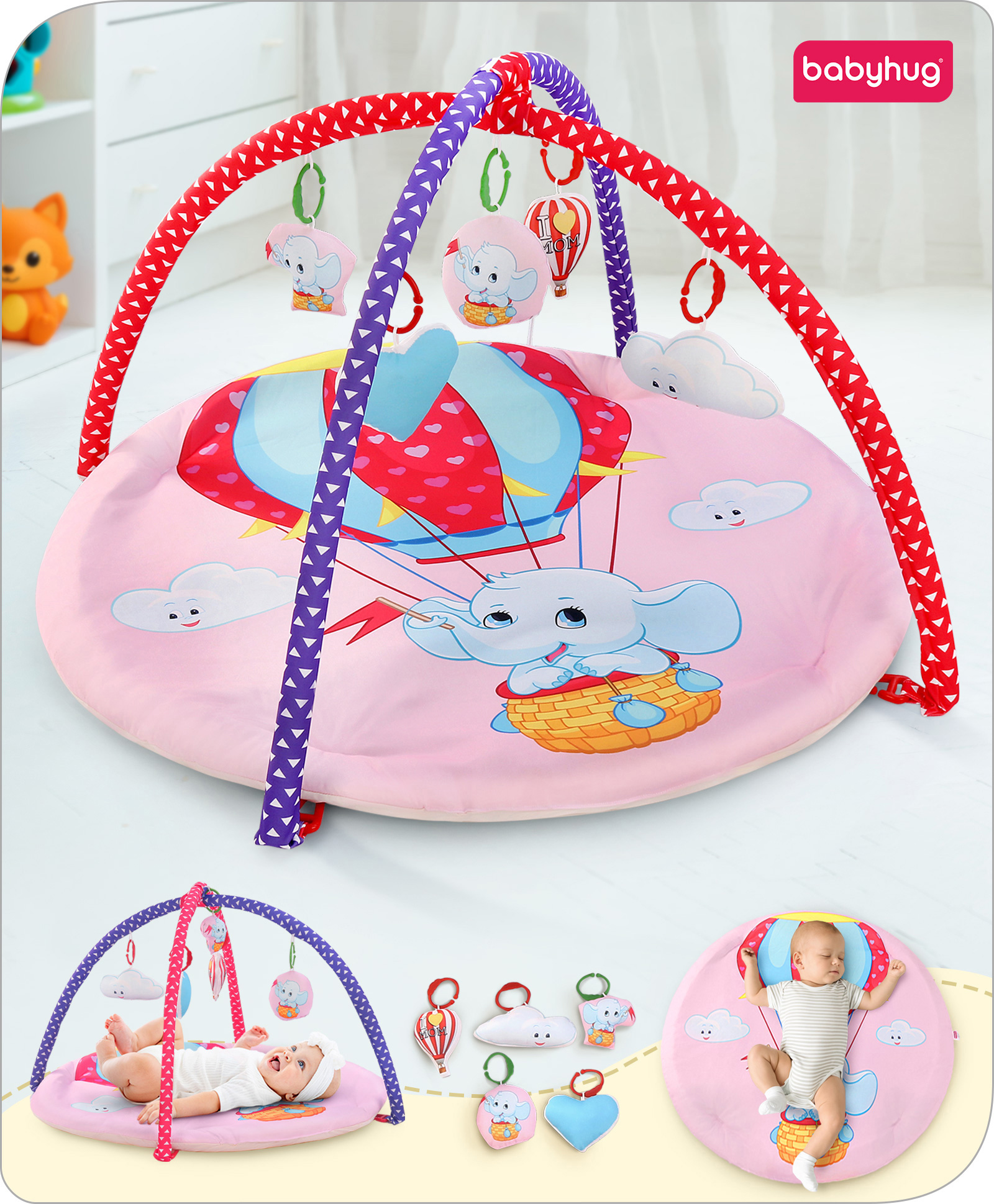 Babyhug Premium Elephant on Air Balloon Digital Print Playgym with Hanging Rattles- Purple