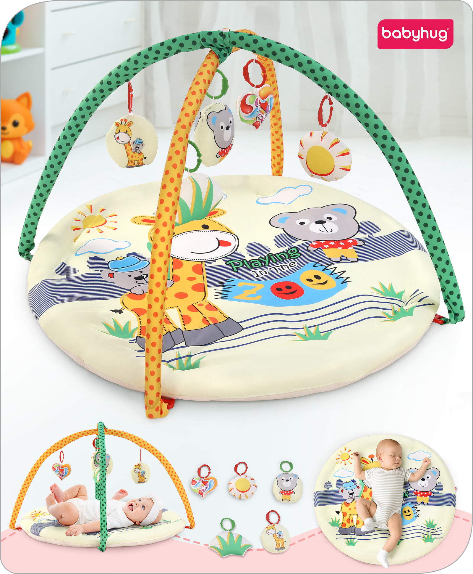 Babyhug Premium Animals in Zoo Digital Print Playgym with Hanging Rattles- Green