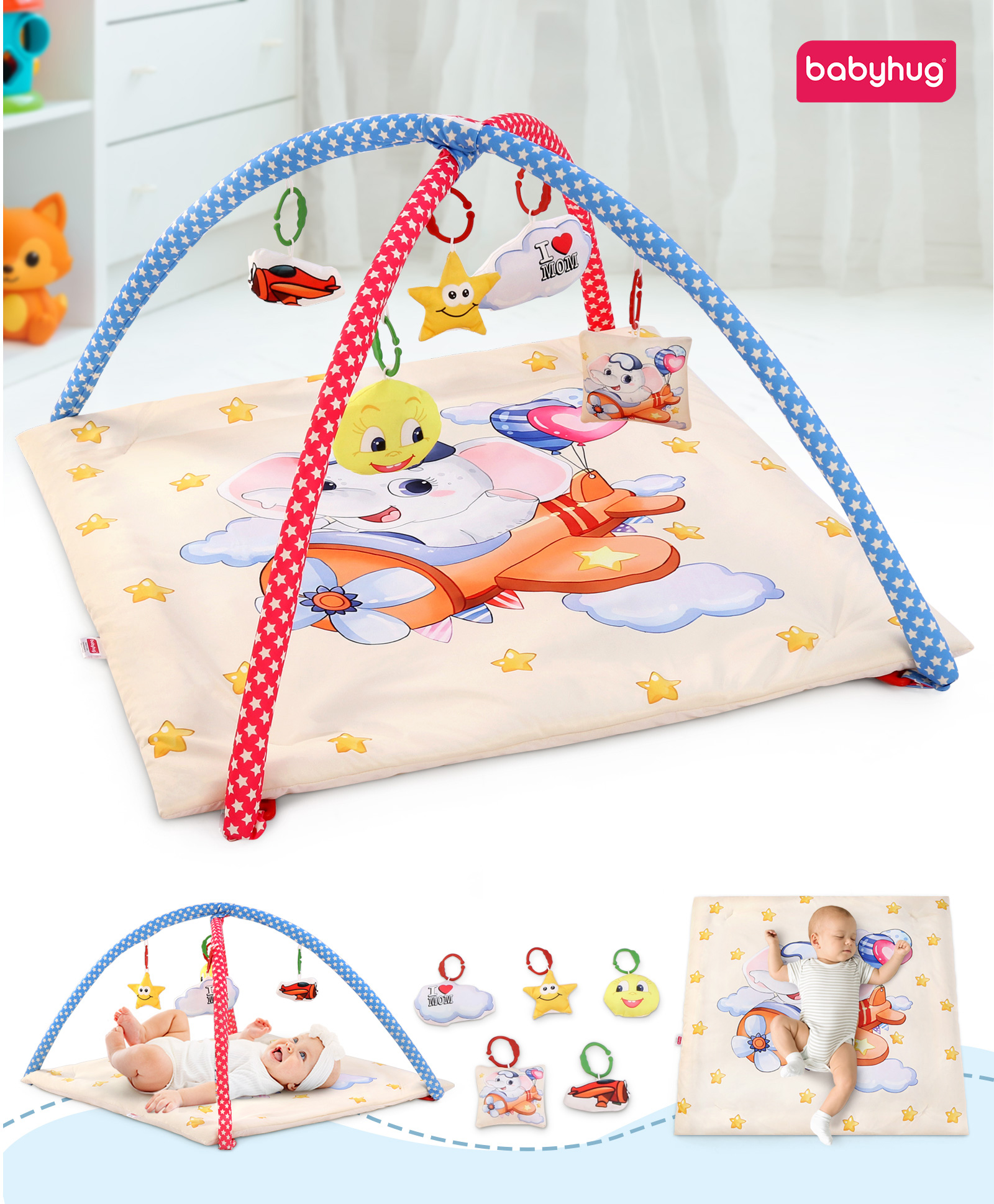 Babyhug Premium Elephant on Plane Digital Print Playgym with Hanging Rattles- Pink