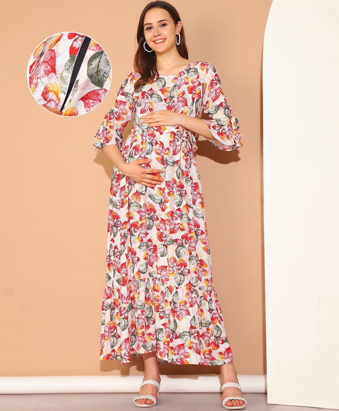 Moms Maternity Three Fourth Sleeves Floral Printed Maxi Dress With Concealed Zipper Nursing Access - Multi Color-picture-19