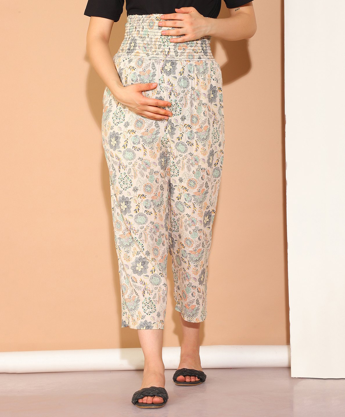 Moms Maternity Cotton Slub High Rise Smoking Floral Printed Maternity Trousers - Beige-picture-12