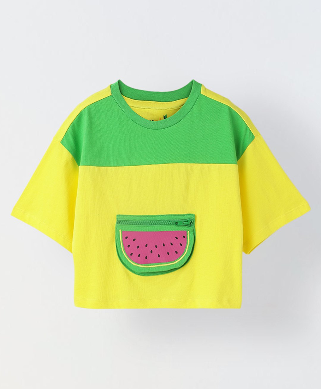 Spunkies Cotton Half Sleeves Watermelon Pocket Detailed Colour Block Top - Yellow & Green-image-8
