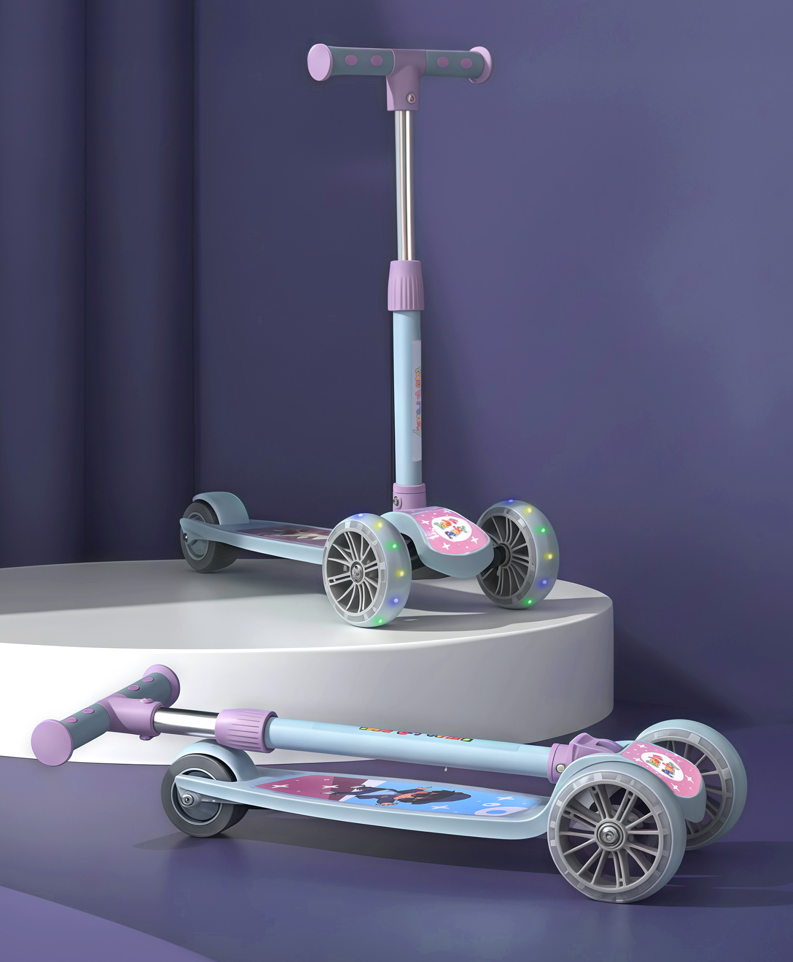 3 Wheel Foldable Kids Scooter with LED Lights and 4 Level Adjustable Handle Bar - Purple & Grey