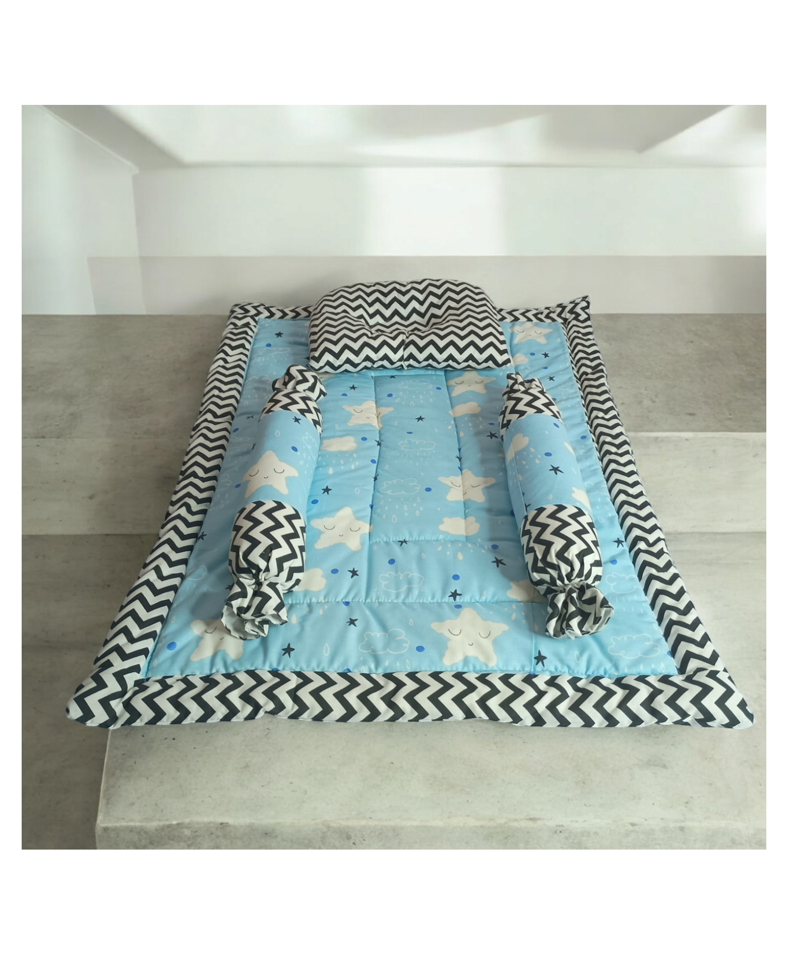 Fabrify Baby 100% Cotton Mattress Set Gadda Set Cloud Print - Sky Blue-image-18