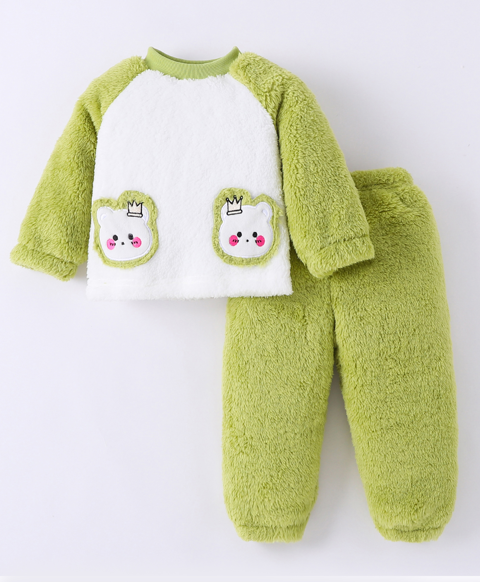 Kookie Kids Full Raglan Sleeves Winter Night Suit With Kitty Patch - Green-image-22