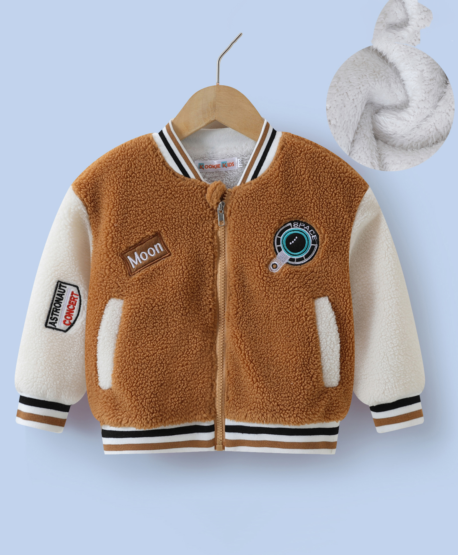 Kookie Kids Full Sleeves Fur Bomber Jacket with Text Patch & Pockets - Brown-image-31