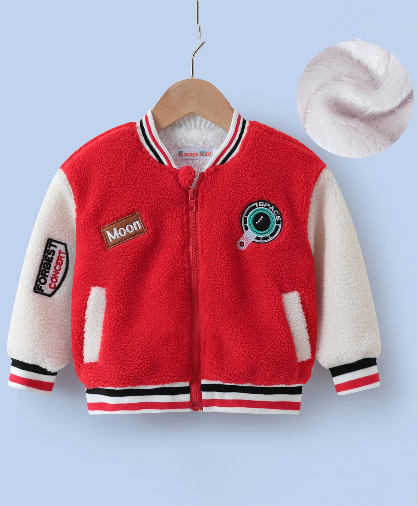Kookie Kids Full Sleeves Fur Bomber Jacket with Text Patch & Pockets - Red-picture-26