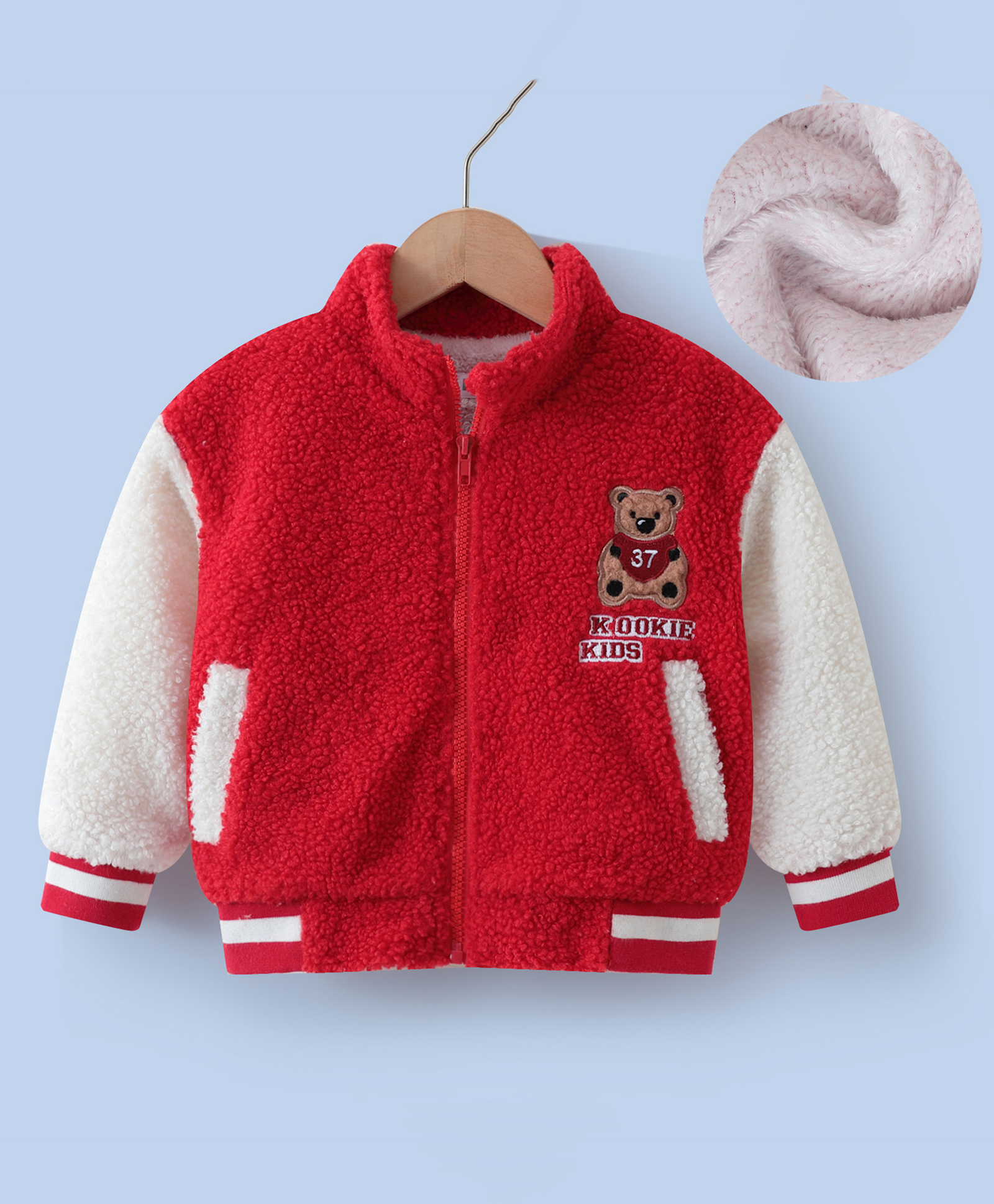 Kookie Kids Full Sleeves Fur Bomber Jacket with Bear Patch & Pocket - Red-image-5