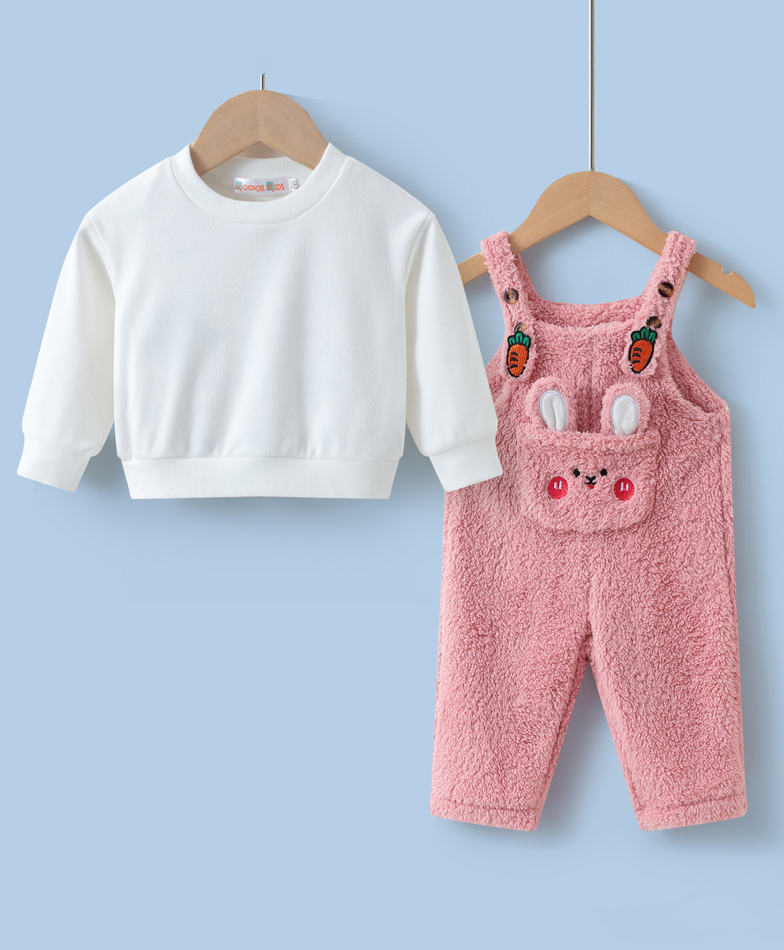 Kookie Kids Full Sleeves Solid T-Shirt  & Dungaree with Pocket Fur & Bunny Applique - Pink-picture-24