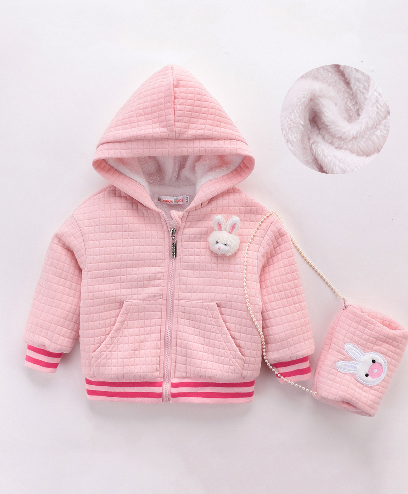 Kookie Kids Full Sleeves Hooded Sweatjacket with Sling Bag Bunny Applique & Kangaroo Pockets - Pink-image-31