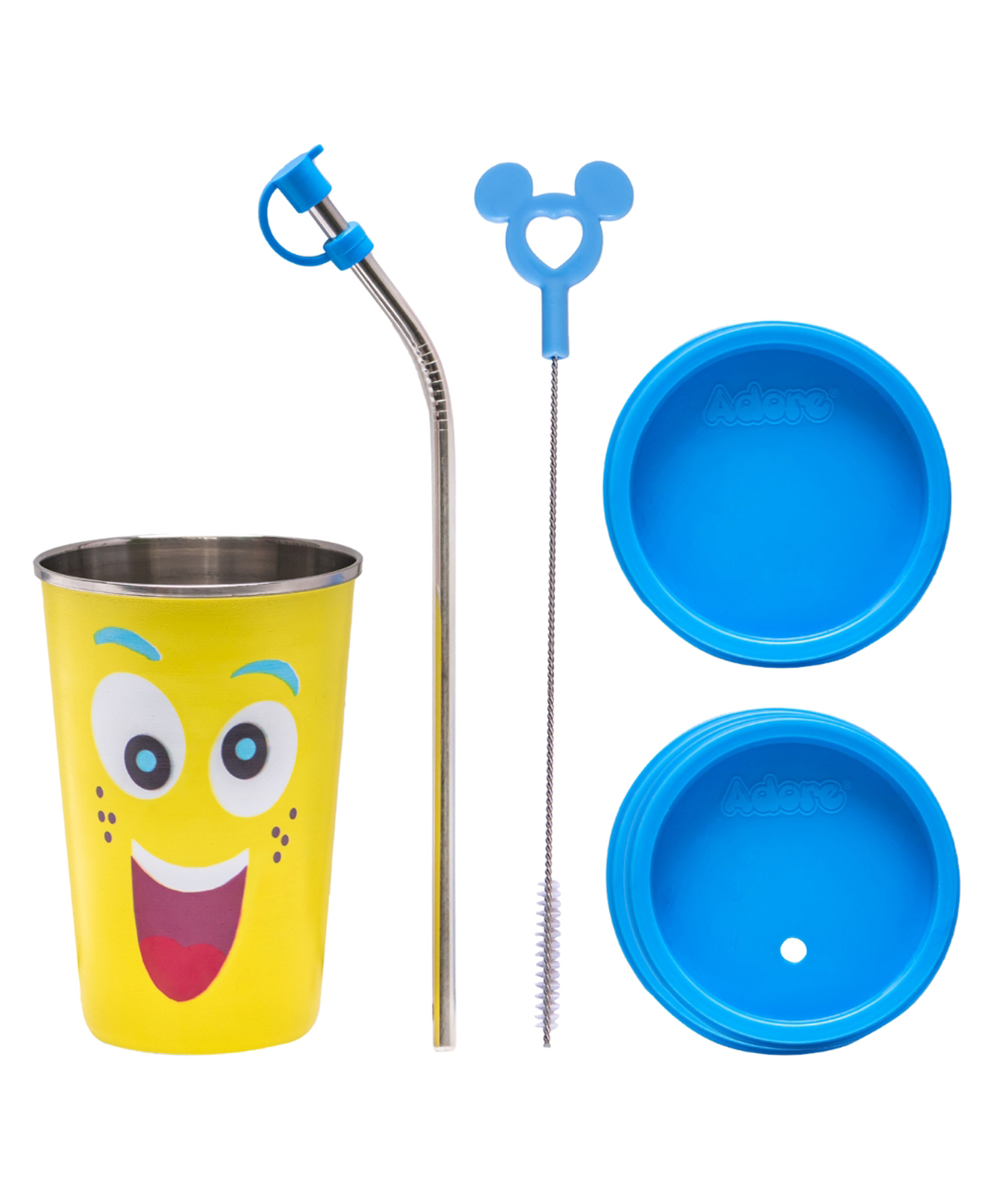 Adore Blissful! The Character Printed Steel Tumbler with Straw Lid Cap, Straw, Straw Brush set- 350ml- Smiley-image-37