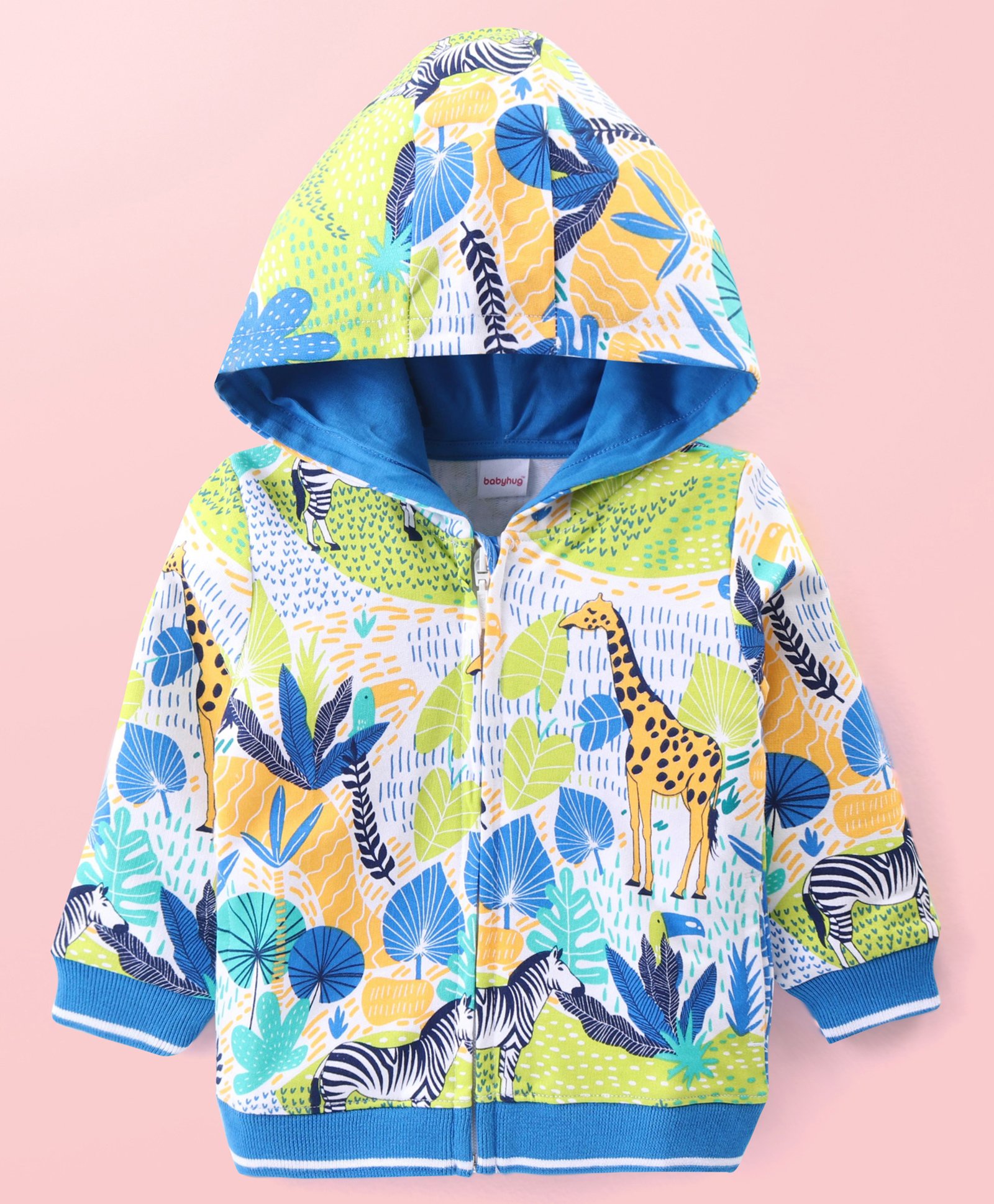 Babyhug Cotton Knit Full Sleeves Hooded Sweatjacket with Giraffe Print - Blue-picture-22