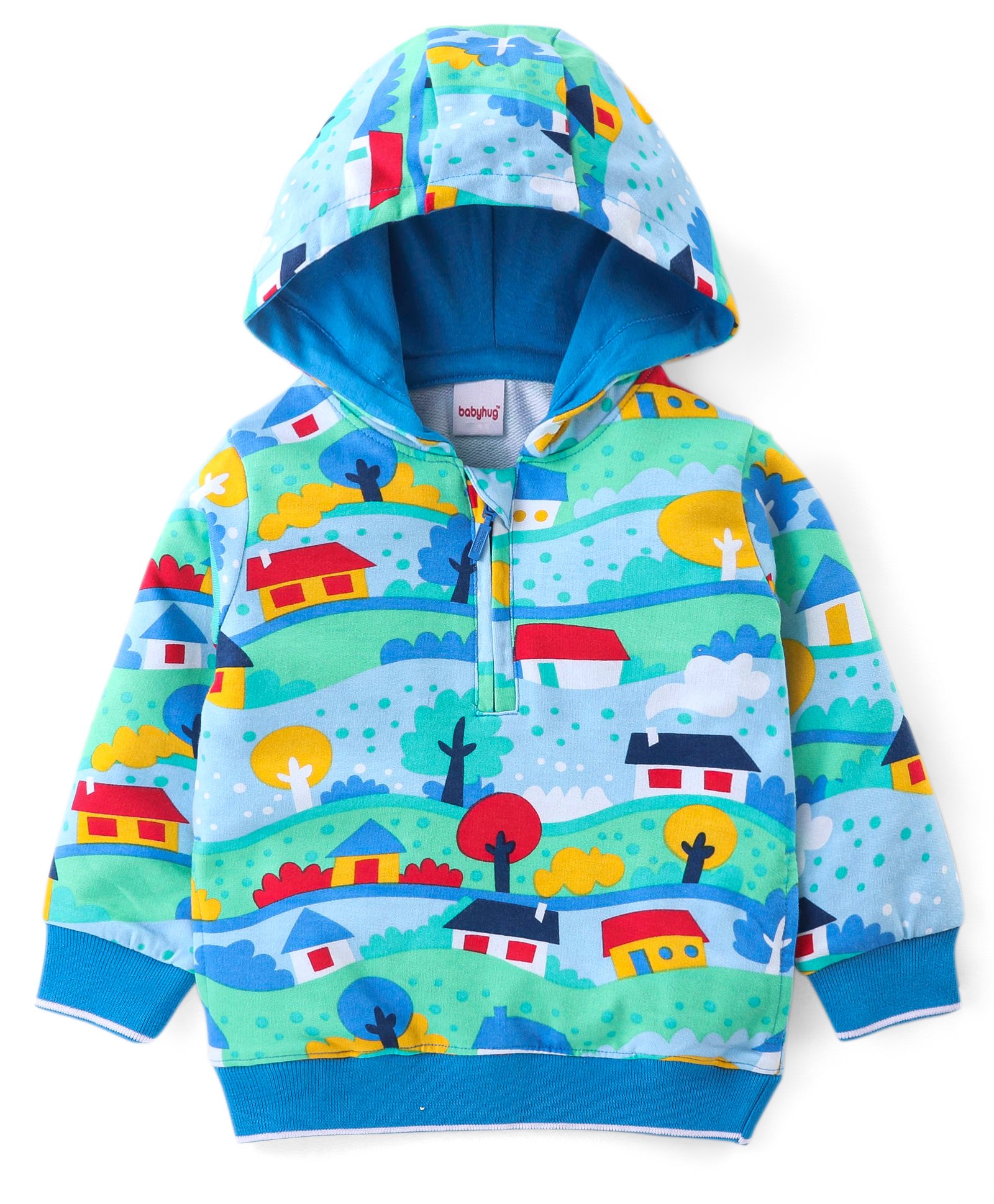 Babyhug Cotton Knit Full Sleeves Hooded Sweatshirt with Country Theme Print - Sky Blue-image-20