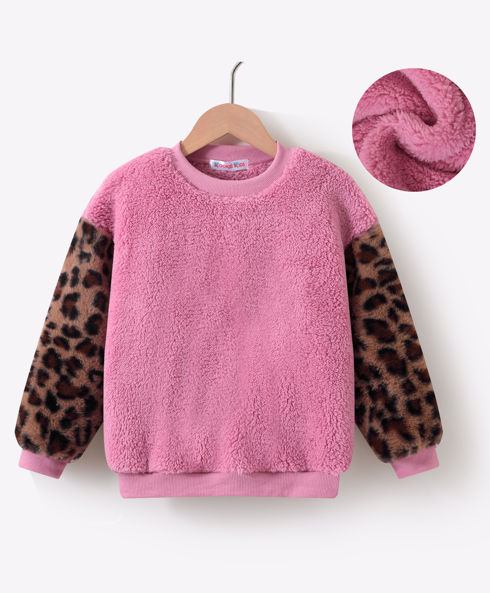 Kookie Kids Full Sleeves Drop Shoulder Sweatshirt with Cheetah Print Design - Pink-picture-10