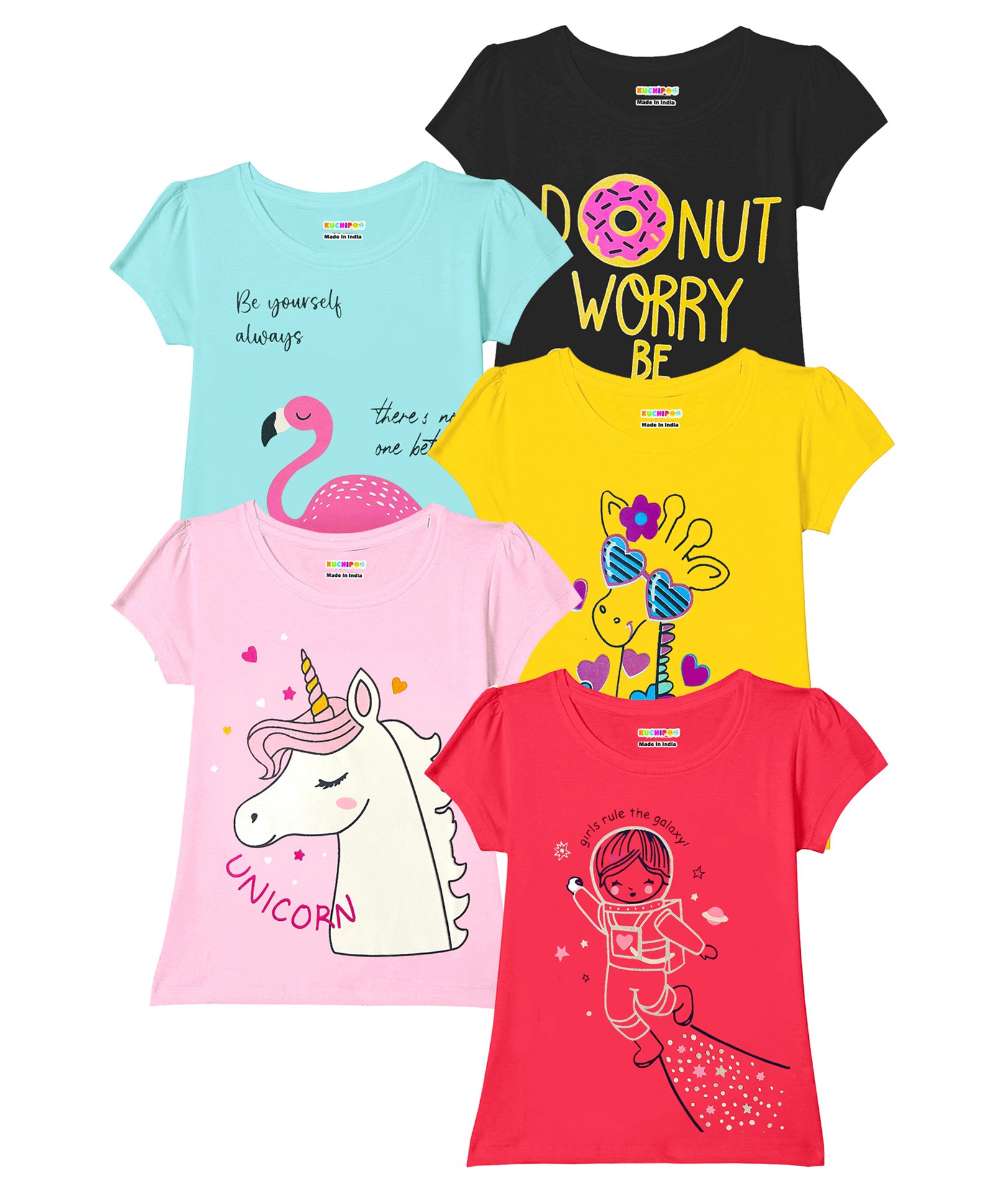 KUCHIPOO Pack Of 5 Cotton Half Sleeves Unicorn & Astronaut Printed Tees - Multi Colour-image-9