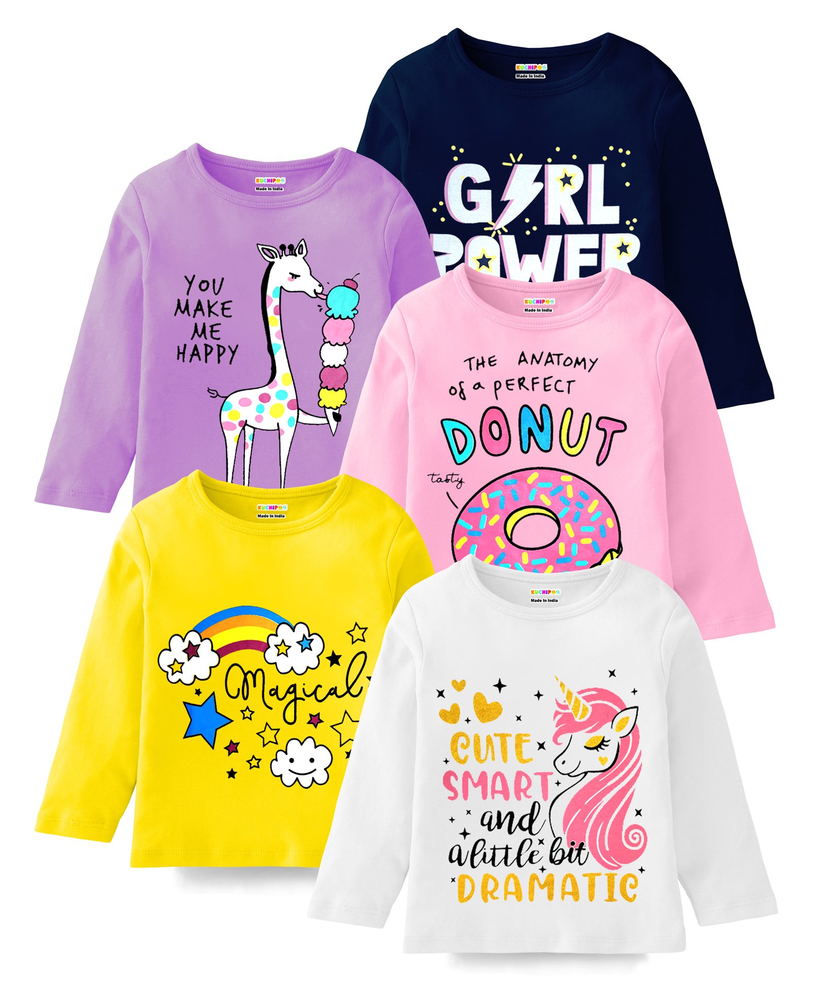 KUCHIPOO Pack Of 5 Cotton Full Sleeves Unicorn & Giraffe Printed Tees - Blue Purple Pink Yellow & White-picture-13
