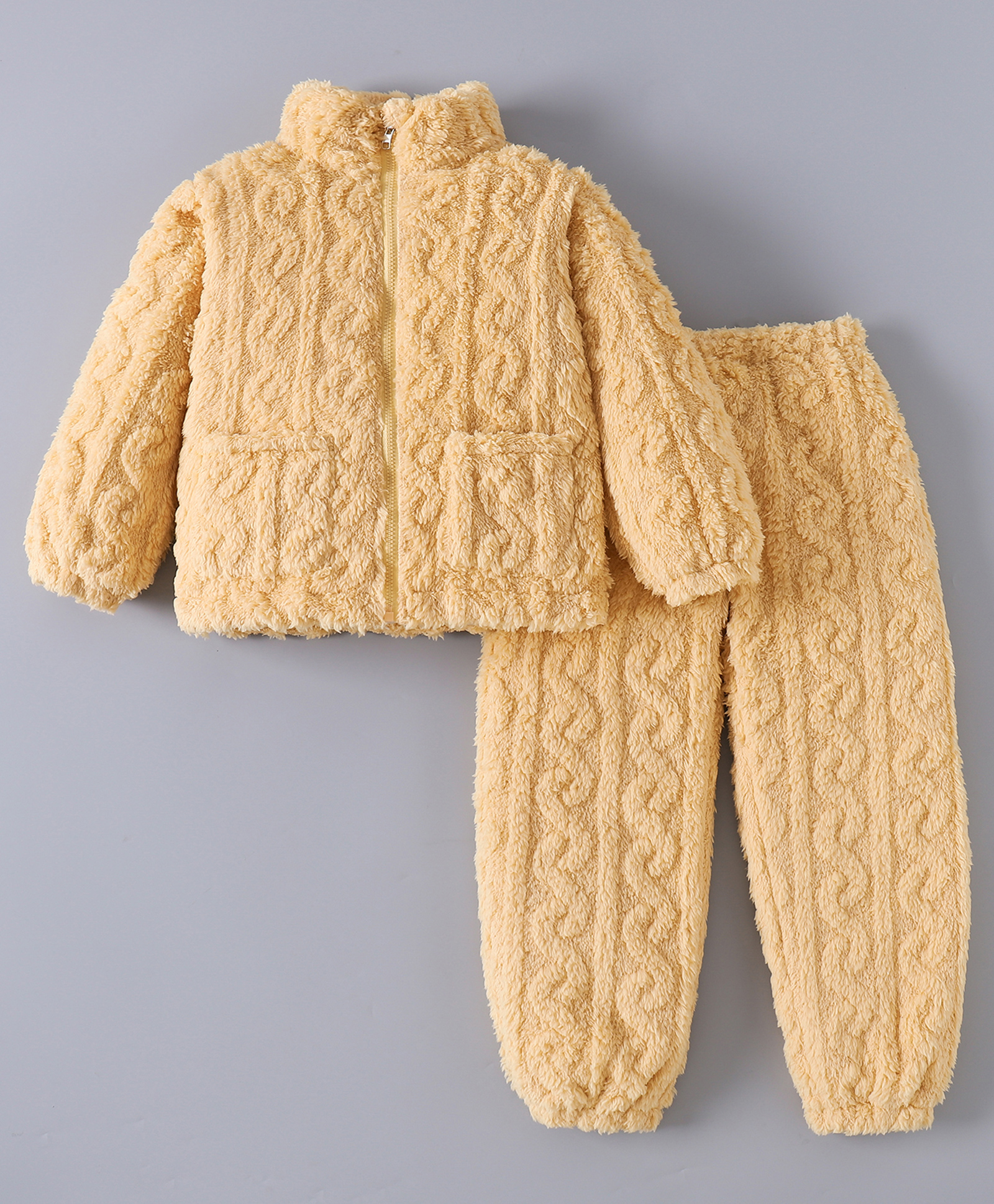 Kookie Kids Full Sleeves Winter Wear Sweatjacket & Lounge Pant Set with Cable Knit Design - Yellow-picture-19